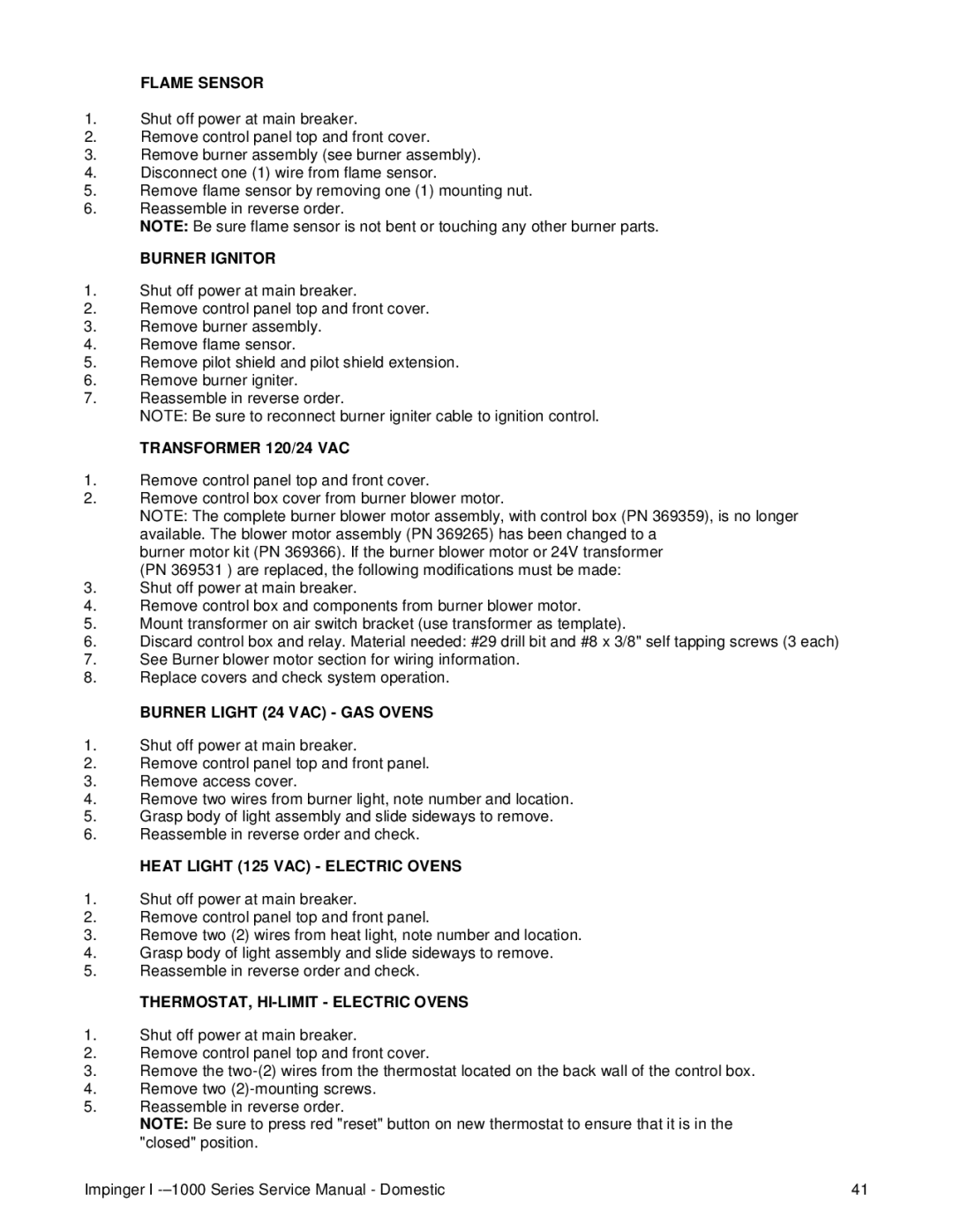 Lincoln 1000, 1400, 1200 service manual Flame Sensor, Burner Ignitor, Transformer 120/24 VAC, Burner Light 24 VAC GAS Ovens 