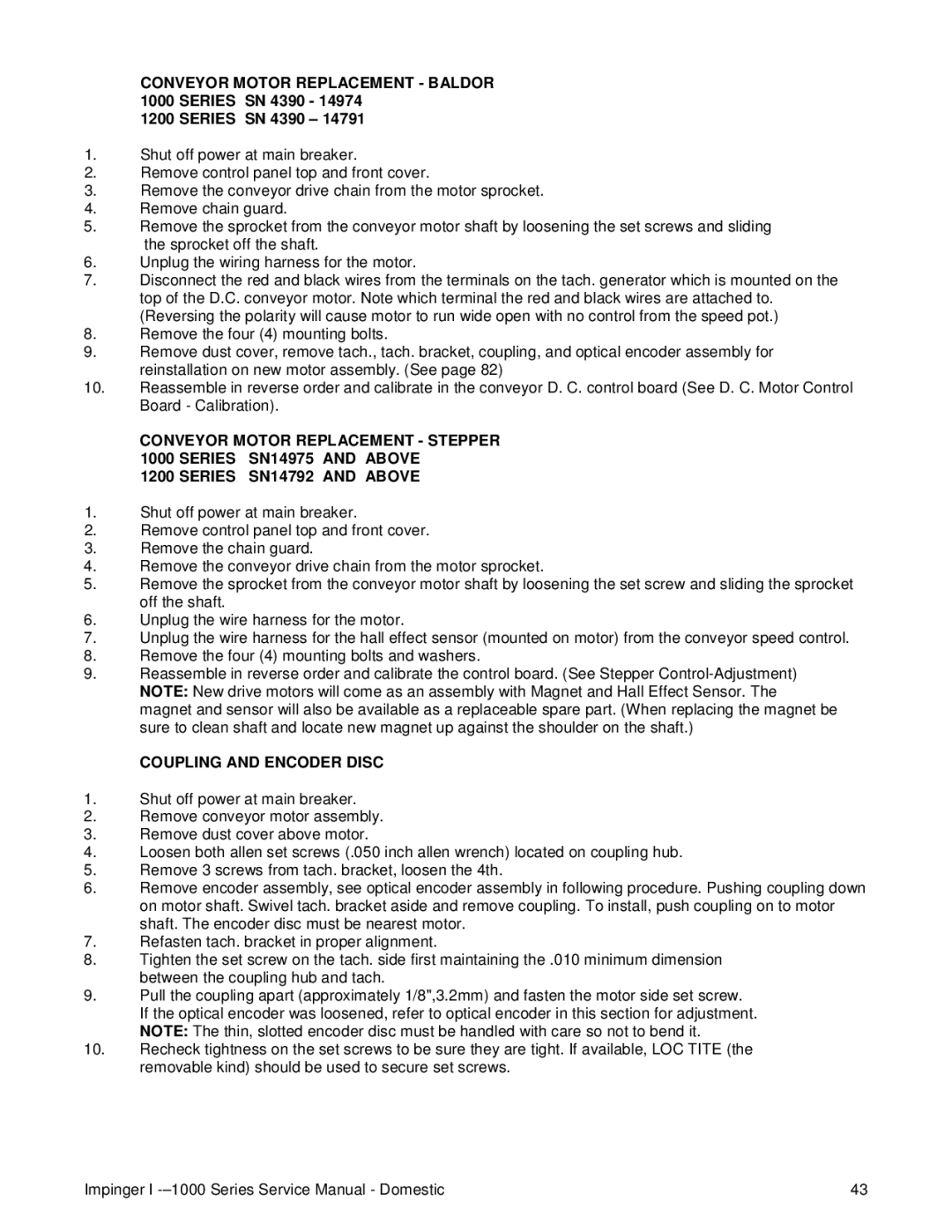 Lincoln 1200, 1400 service manual Conveyor Motor Replacement Baldor 1000 Series SN 4390, Coupling and Encoder Disc 