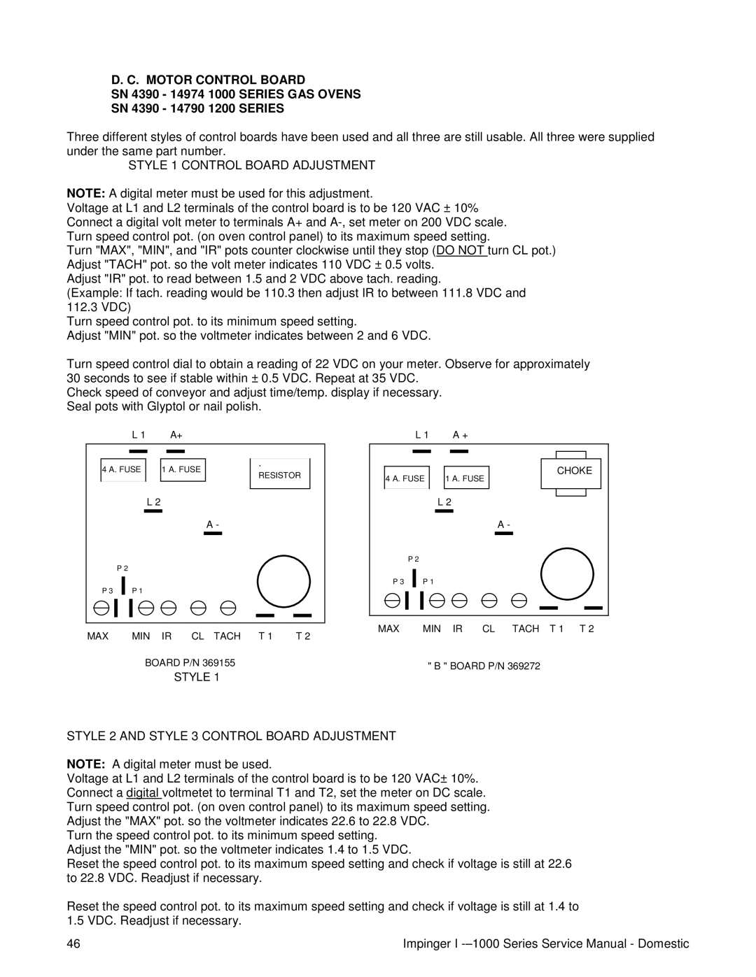 Lincoln 1200, 1400 Motor Control Board, Style 1 Control Board Adjustment, Style 2 and Style 3 Control Board Adjustment 