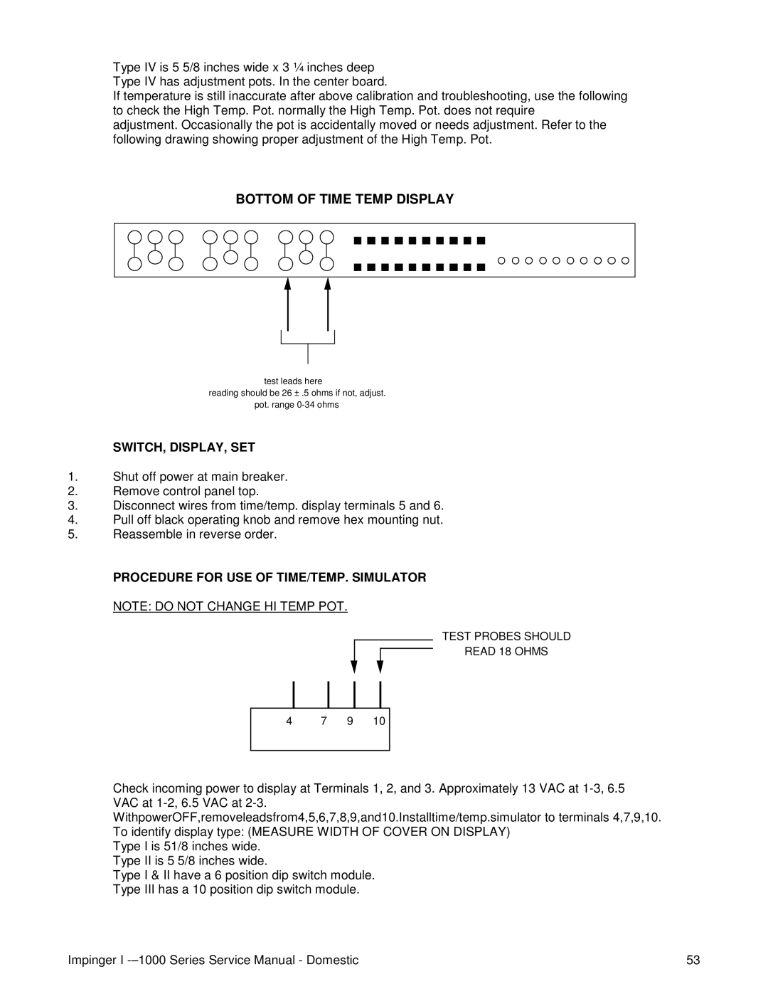 Lincoln 1000, 1400, 1200 service manual Bottom of Time Temp Display, Switch, Display, Set 