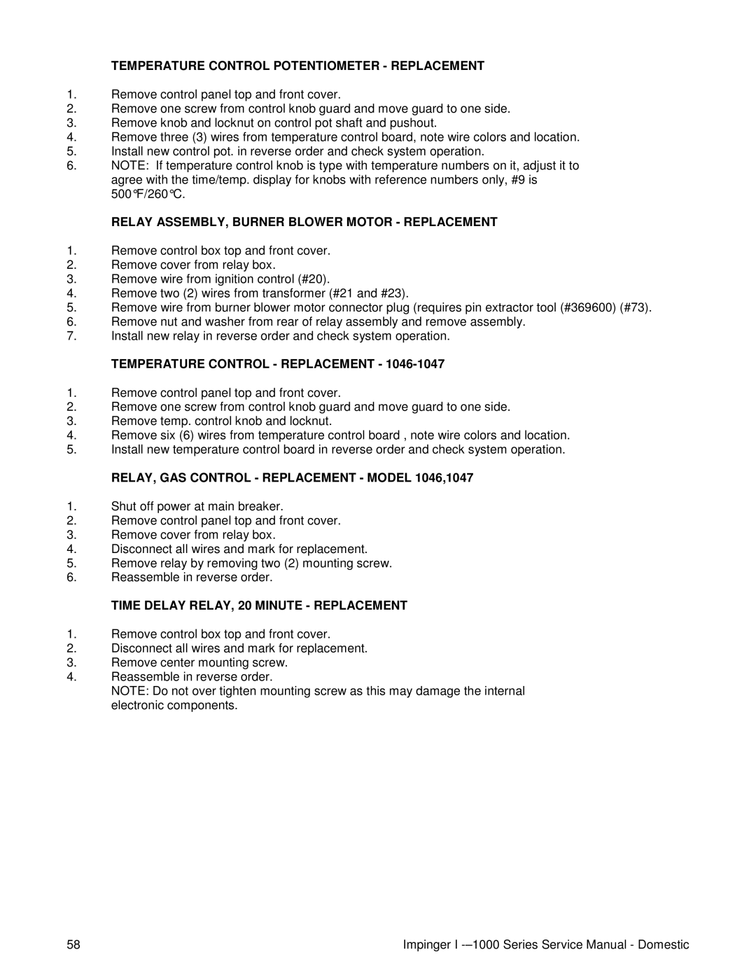 Lincoln 1200, 1400, 1000 service manual Relay ASSEMBLY, Burner Blower Motor Replacement, Temperature Control Replacement 