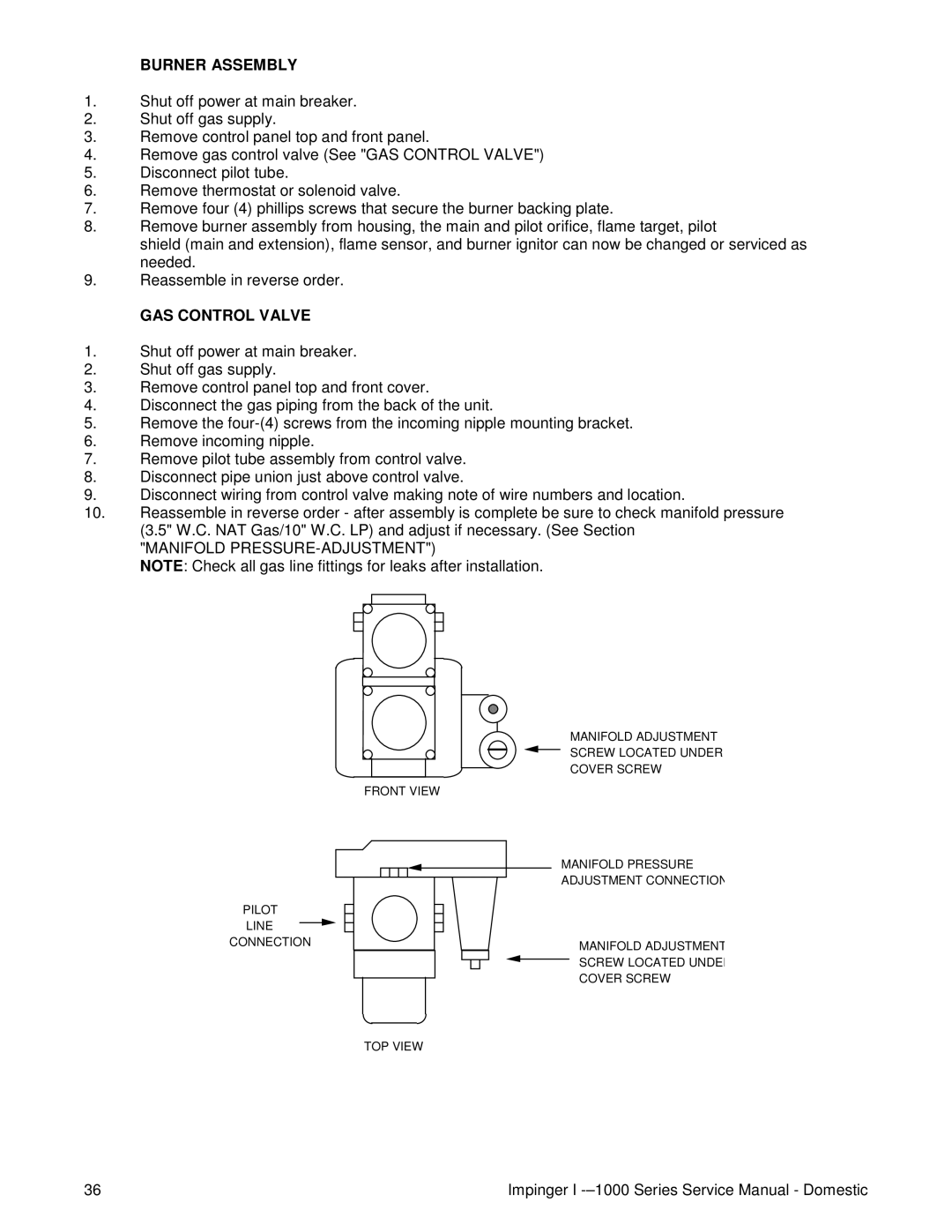 Lincoln 1400, 1200, 1000 service manual Burner Assembly, GAS Control Valve, Manifold PRESSURE-ADJUSTMENT 