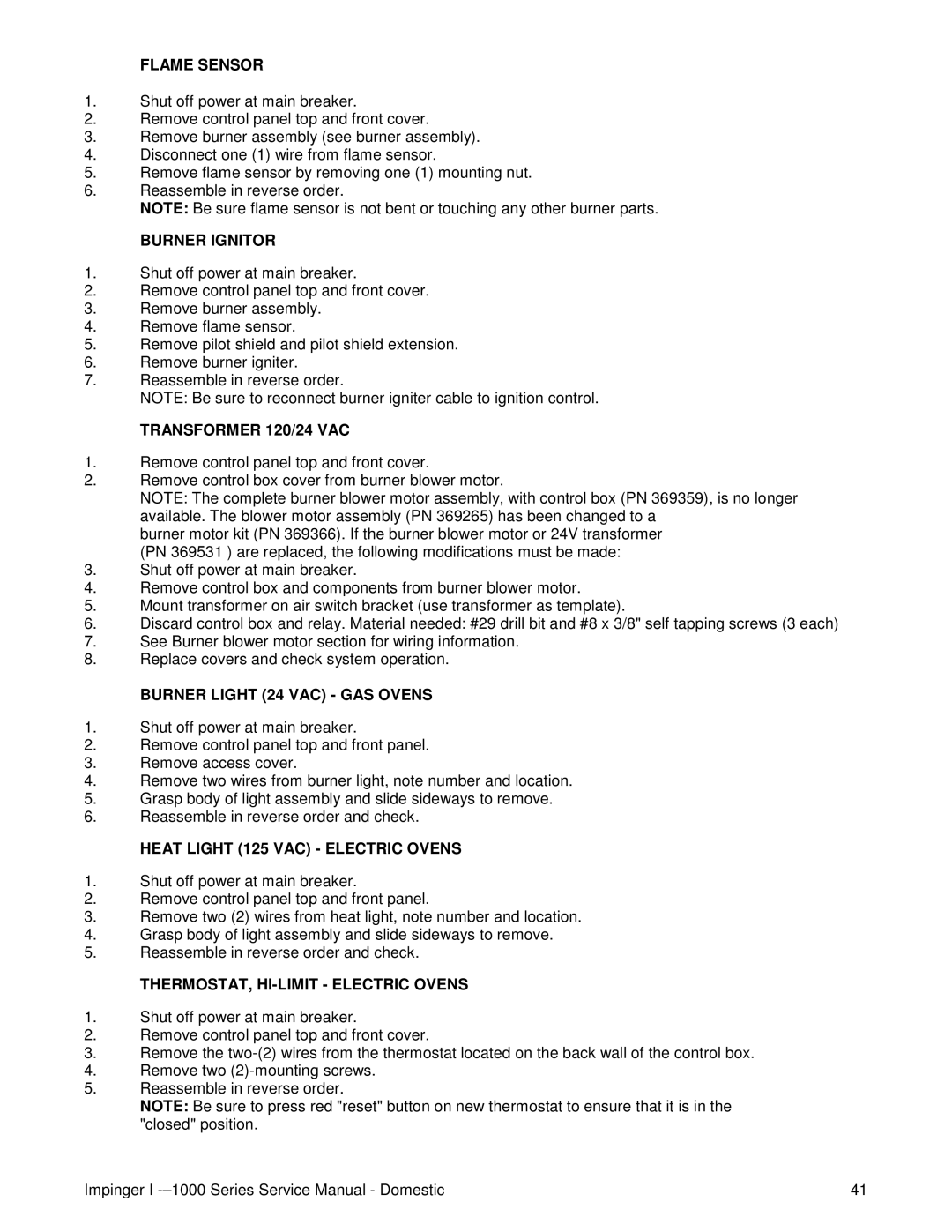 Lincoln 1000, 1400, 1200 service manual Flame Sensor, Burner Ignitor, Transformer 120/24 VAC, Burner Light 24 VAC GAS Ovens 