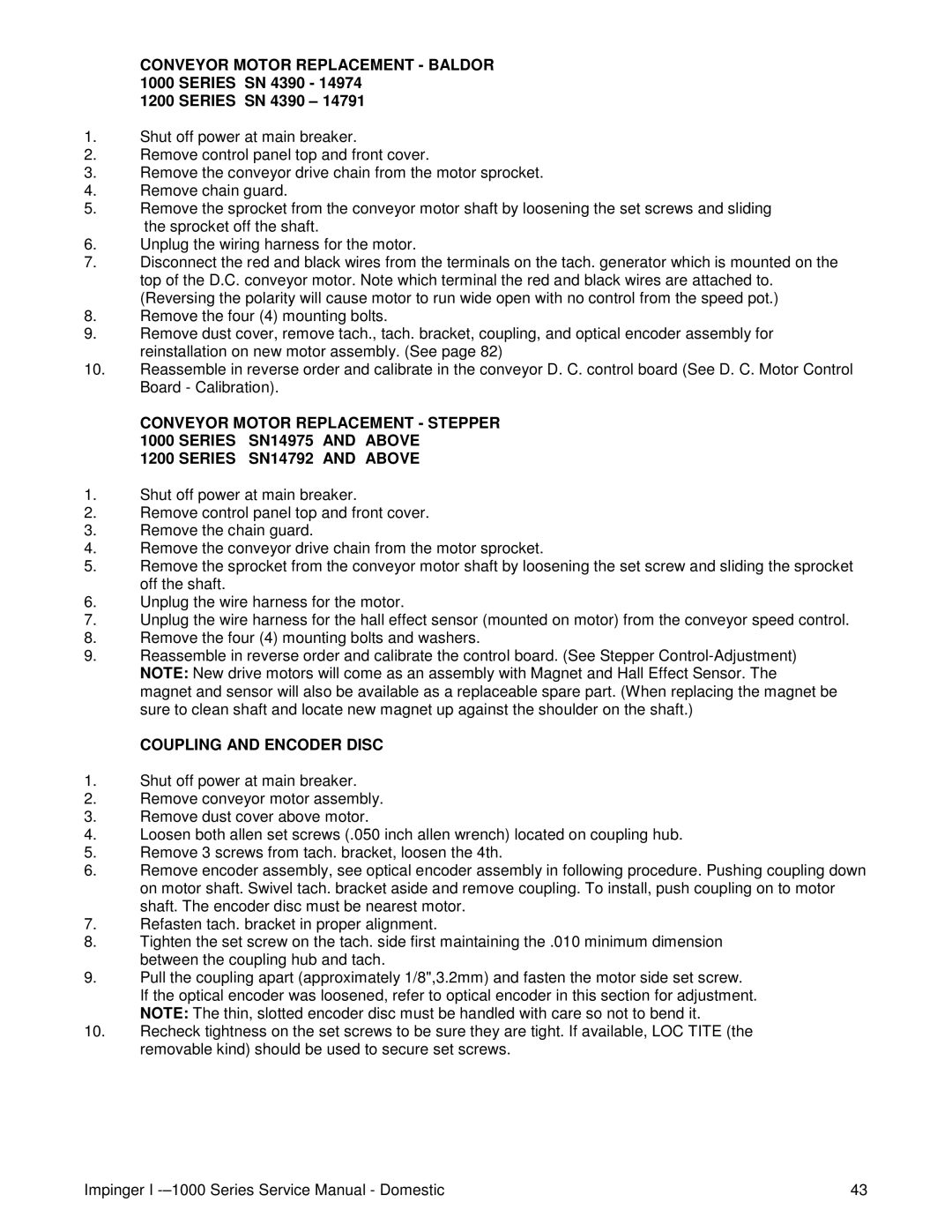 Lincoln 1200, 1400 service manual Conveyor Motor Replacement Baldor 1000 Series SN 4390, Coupling and Encoder Disc 