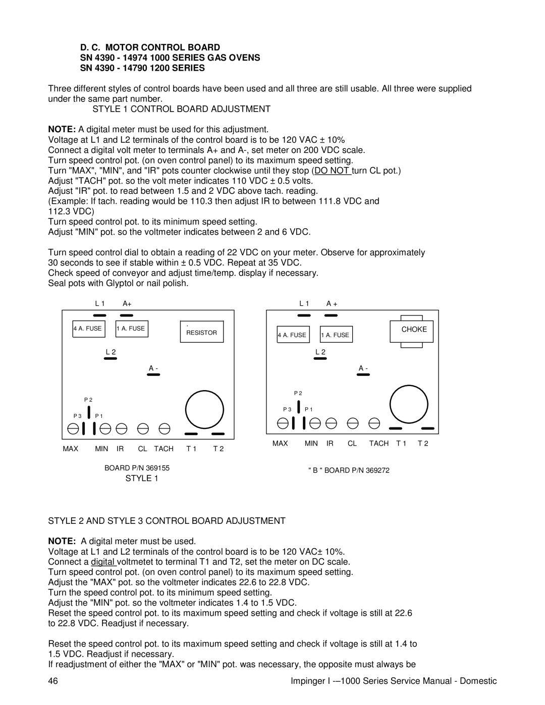 Lincoln 1200, 1400 Motor Control Board, Style 1 Control Board Adjustment, Style 2 and Style 3 Control Board Adjustment 