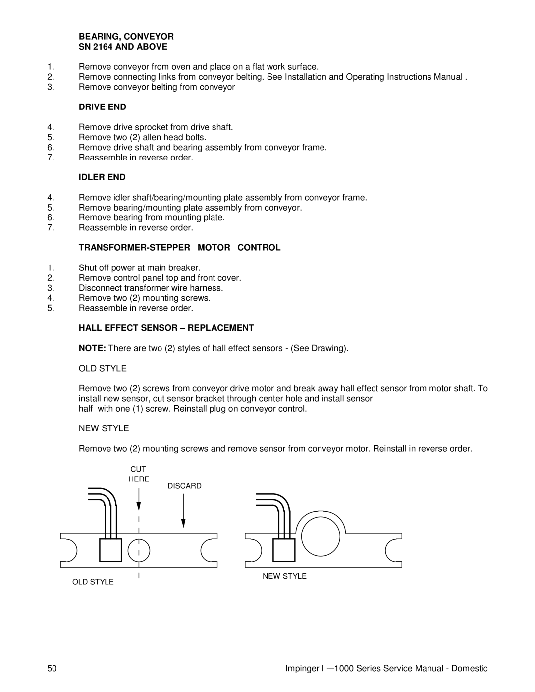 Lincoln 1000, 1400 BEARING, Conveyor SN 2164 and Above, TRANSFORMER-STEPPER Motor Control, Hall Effect Sensor Replacement 