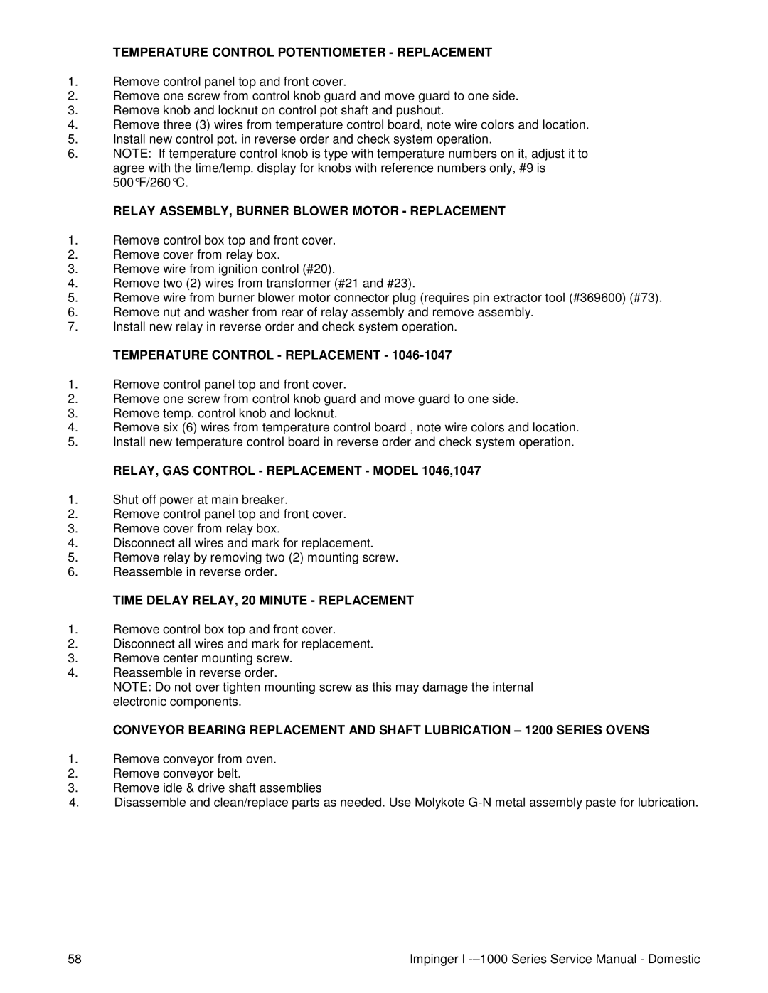 Lincoln 1200, 1400, 1000 service manual Relay ASSEMBLY, Burner Blower Motor Replacement, Temperature Control Replacement 