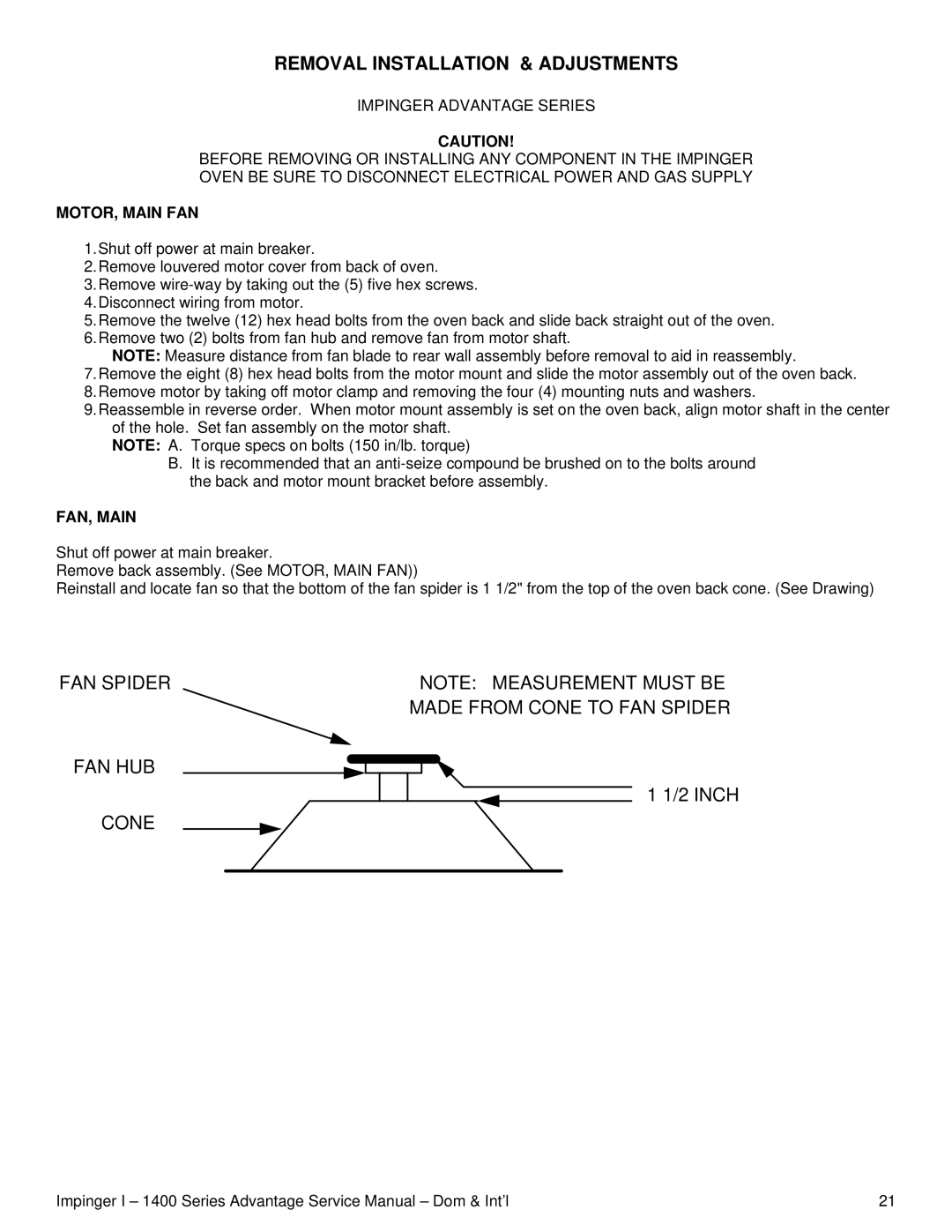 Lincoln 1400 Series service manual Removal Installation & Adjustments, MOTOR, Main FAN, FAN, Main 