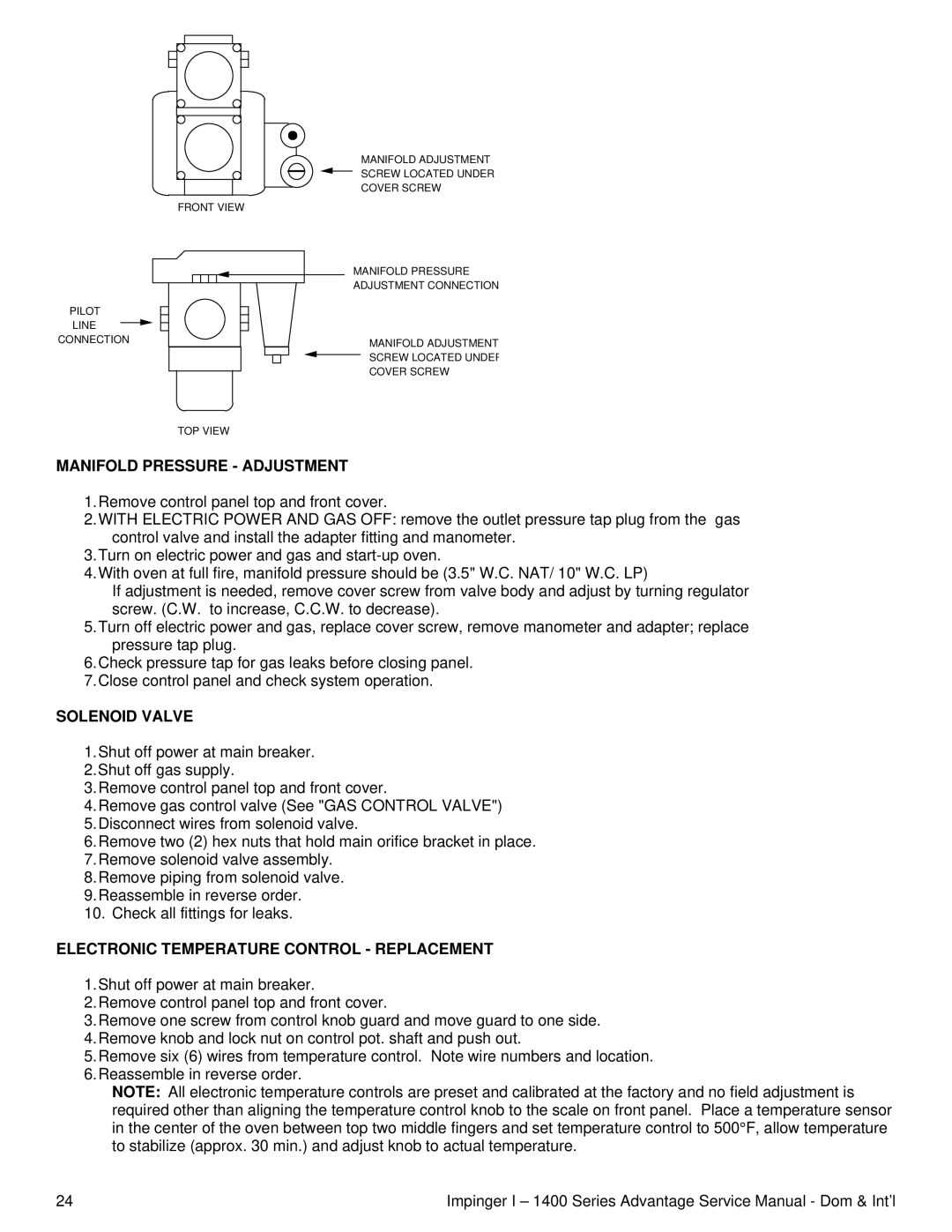 Lincoln 1400 Series service manual Manifold Pressure Adjustment, Solenoid Valve, Electronic Temperature Control Replacement 