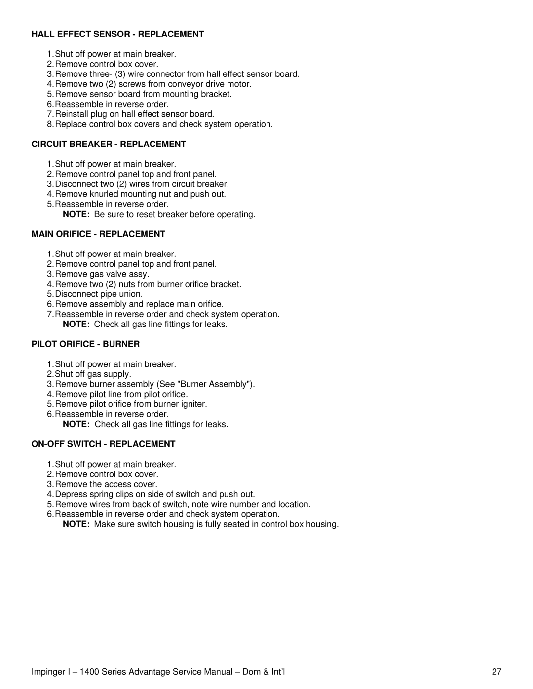 Lincoln 1400 Series service manual Hall Effect Sensor Replacement, Circuit Breaker Replacement, Main Orifice Replacement 