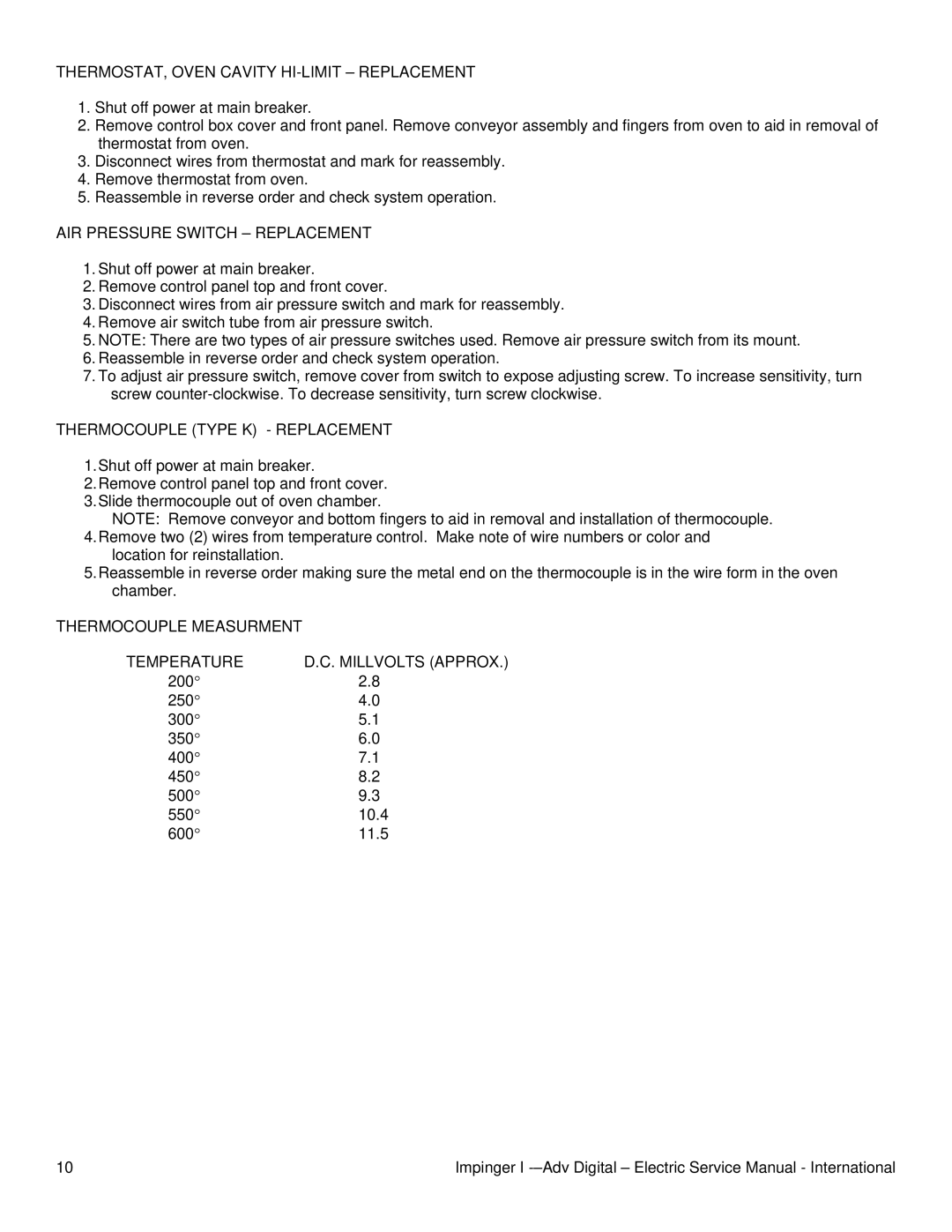 Lincoln 1421-000-E, 1455, 1454 service manual THERMOSTAT, Oven Cavity HI-LIMIT Replacement, AIR Pressure Switch Replacement 