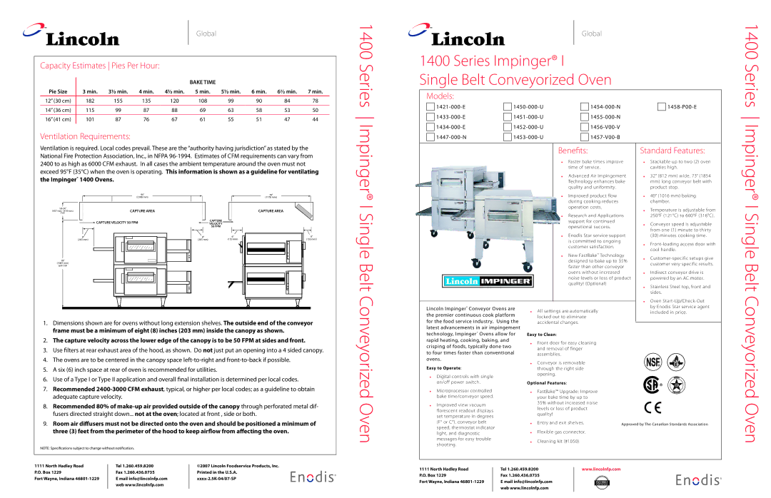 Lincoln 1453-000-U, 1457-V00-B dimensions Capacity Estimates Pies Per Hour, Ventilation Requirements Models, Benefits 