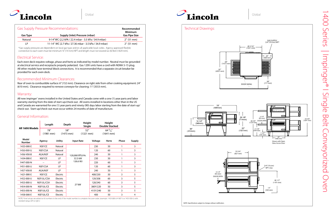 Lincoln 1450-000-U, 1457-V00-B Gas Supply Pressure Recommendations, Electrical Service, Warranty, General Information 