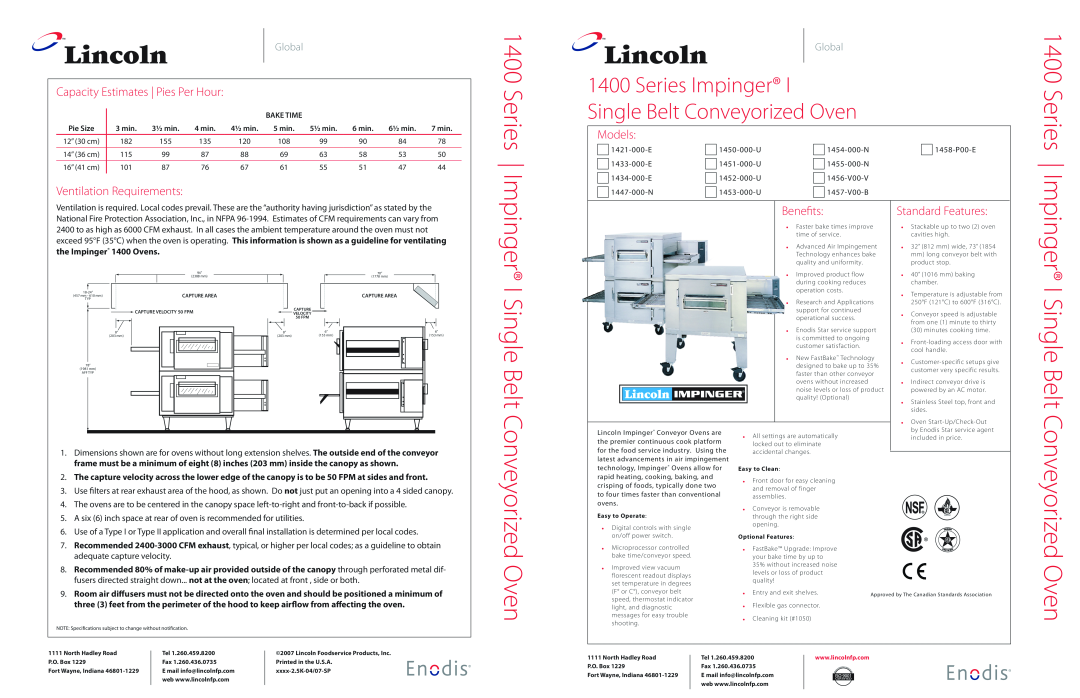 Lincoln 1453-000-U dimensions Belt Conveyorized Oven, I Single, Capacity Estimates Pies Per Hour, Ventilation Requirements 
