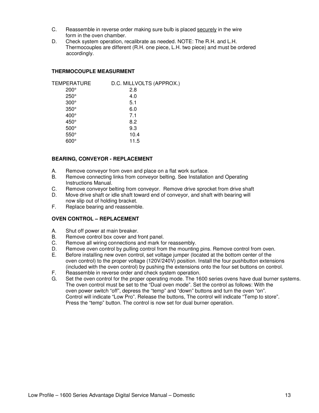 Lincoln 1601-000-A, 1600-000-A Thermocouple Measurment, Temperature Millvolts Approx, BEARING, Conveyor Replacement 