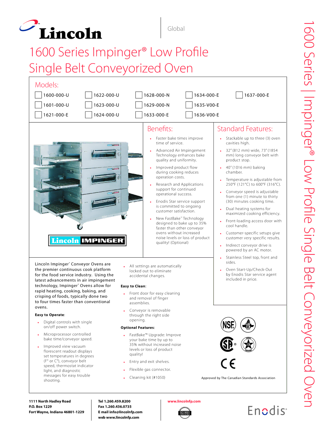 Lincoln 1600 Series dimensions Models, Benefits Standard Features 