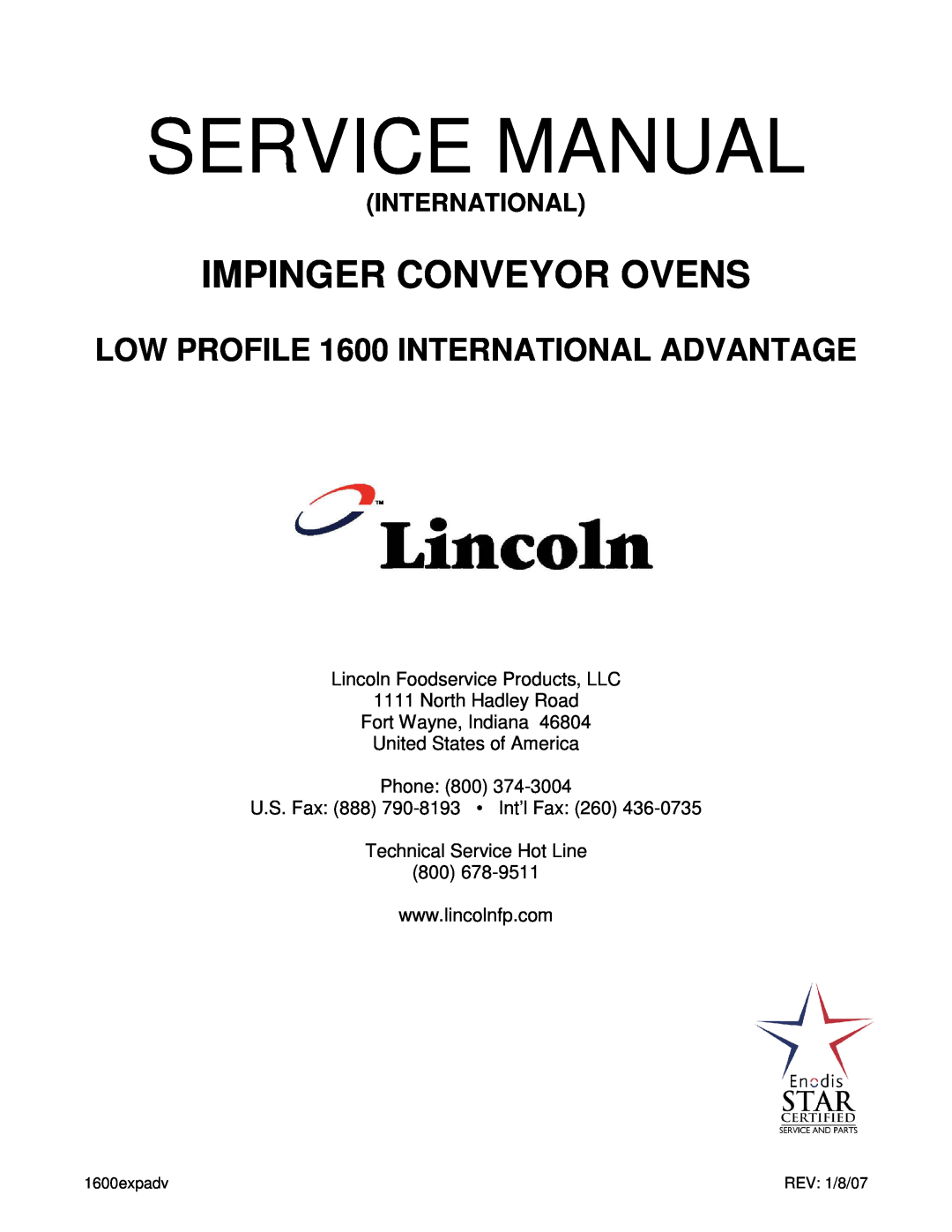 Lincoln 1633-000-EA service manual Lincoln Foodservice Products, LLC, North Hadley Road Fort Wayne, Indiana, 1600expadv 