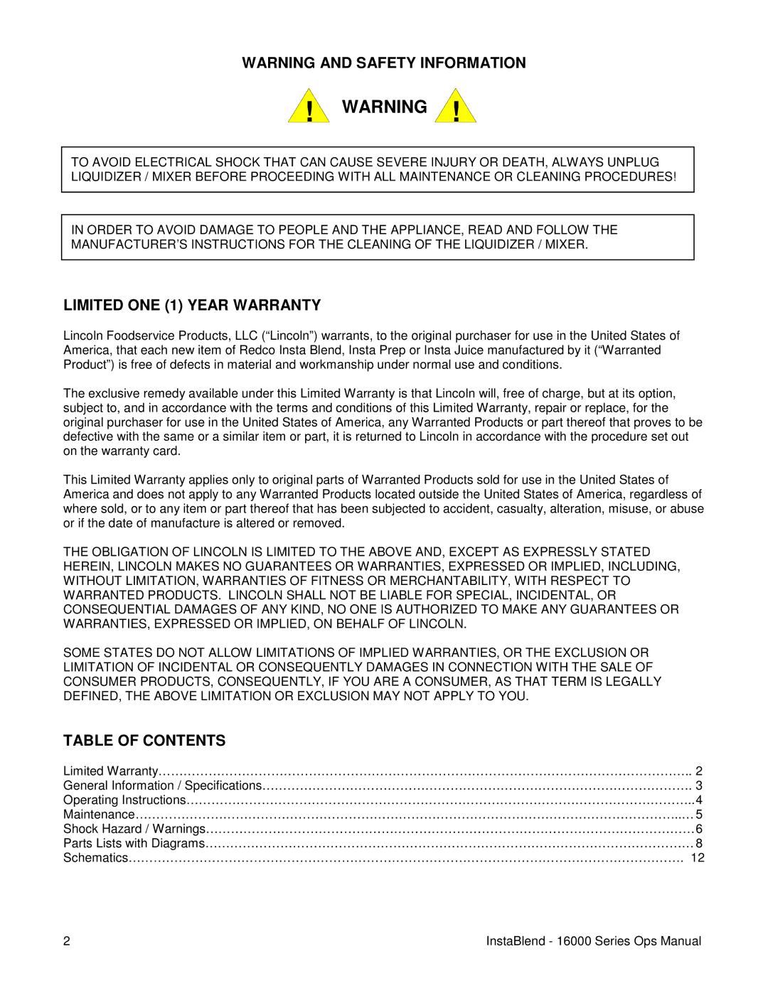 Lincoln 16900 operating instructions Limited ONE 1 Year Warranty, Table of Contents 