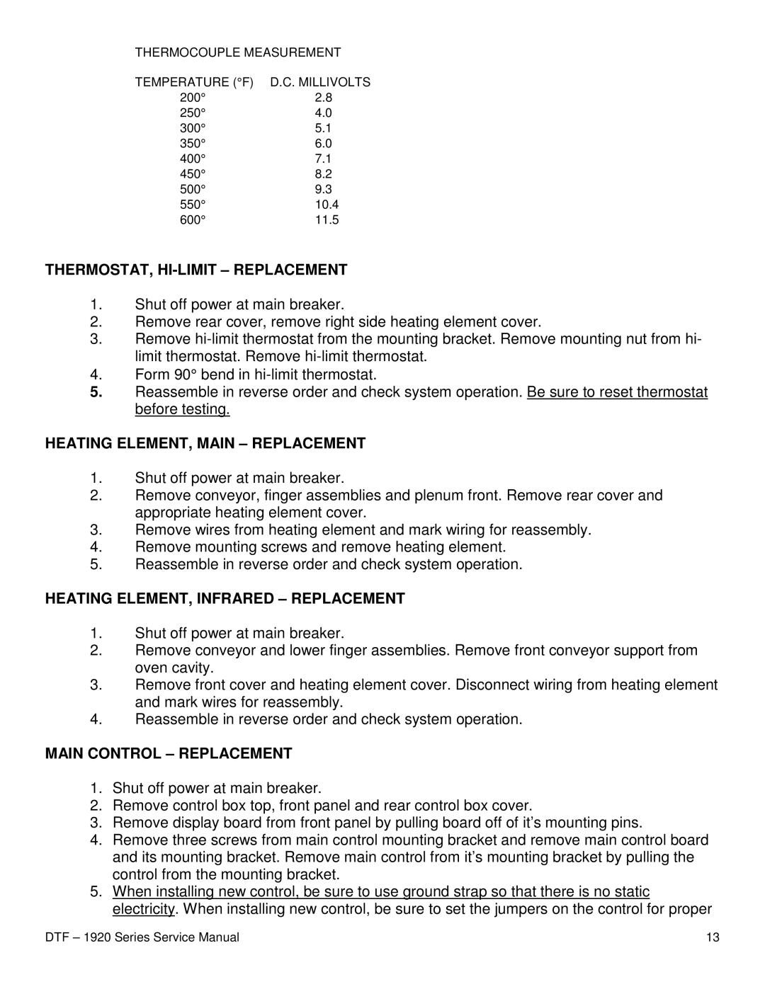 Lincoln 1922 THERMOSTAT, HI-LIMIT Replacement, Heating ELEMENT, Main Replacement, Heating ELEMENT, Infrared Replacement 