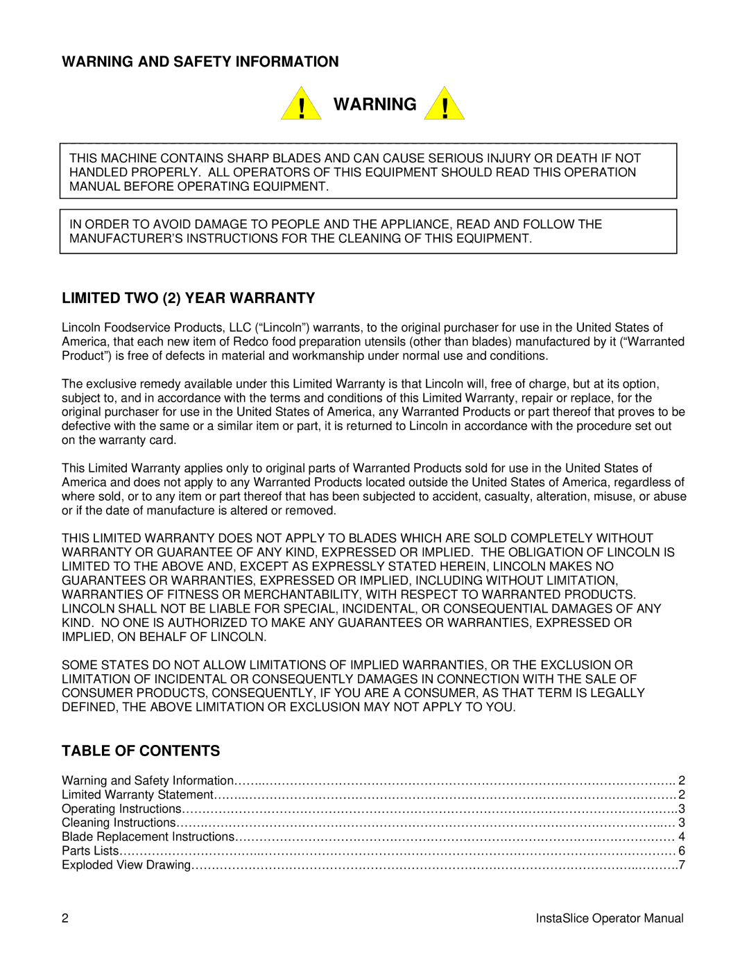 Lincoln 2806405 warranty Limited TWO 2 Year Warranty, Table of Contents 