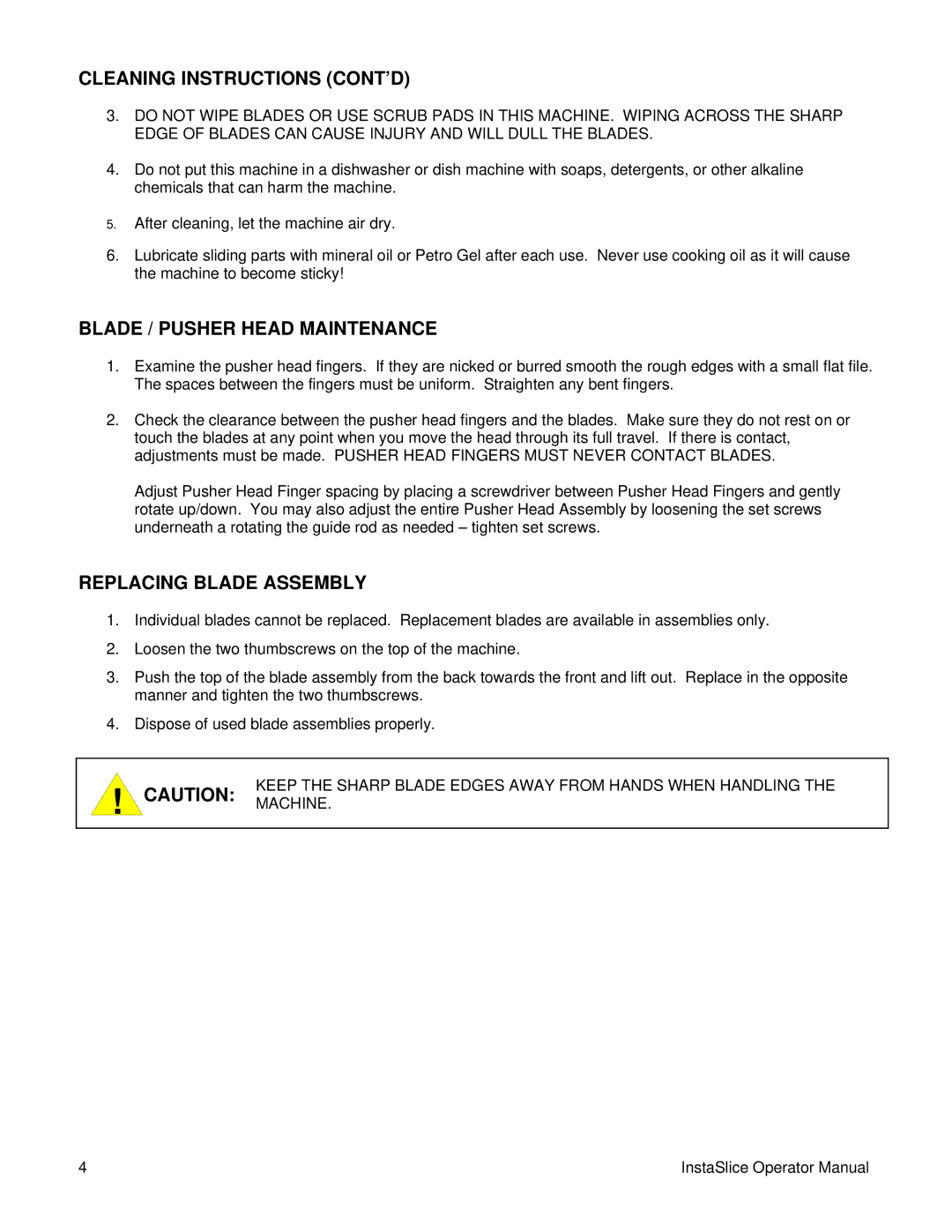 Lincoln 2806405 warranty Cleaning Instructions CONT’D, Blade / Pusher Head Maintenance, Replacing Blade Assembly 