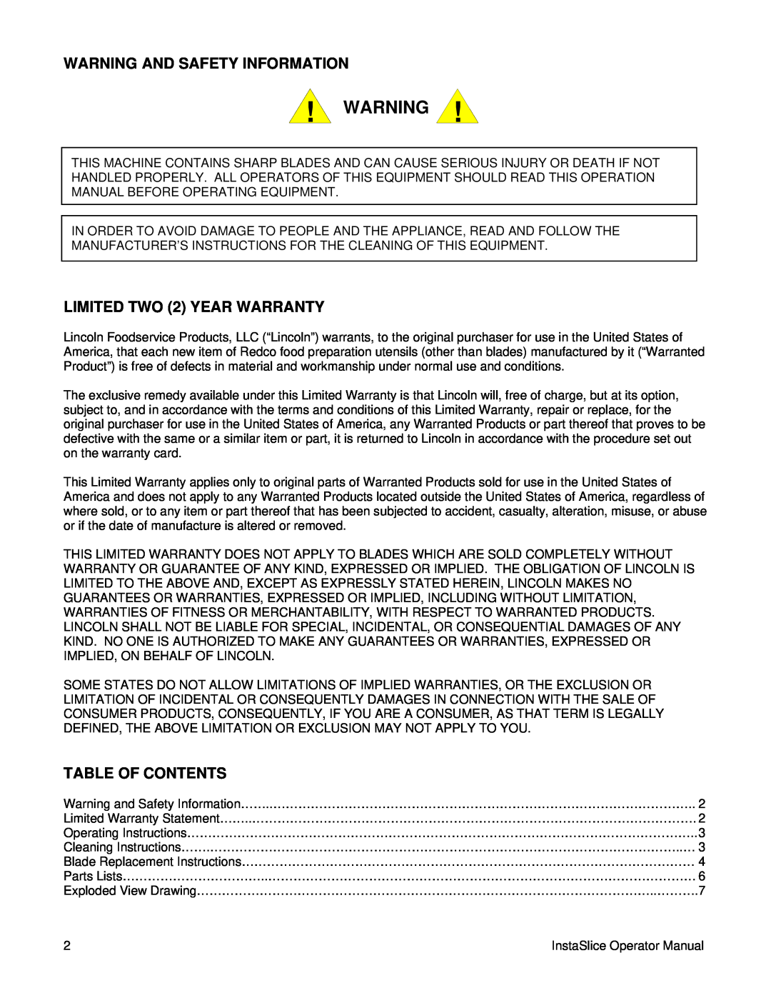 Lincoln 2806405 warranty Warning And Safety Information, LIMITED TWO 2 YEAR WARRANTY, Table Of Contents 