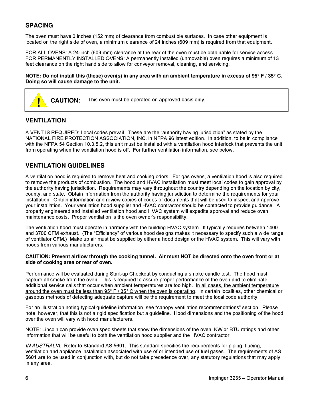 Lincoln 3255 specifications Spacing, Ventilation Guidelines 