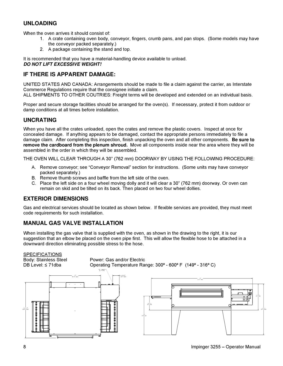 Lincoln 3255 Unloading, If There is Apparent Damage, Uncrating, Manual GAS Valve Installation, Specifications 