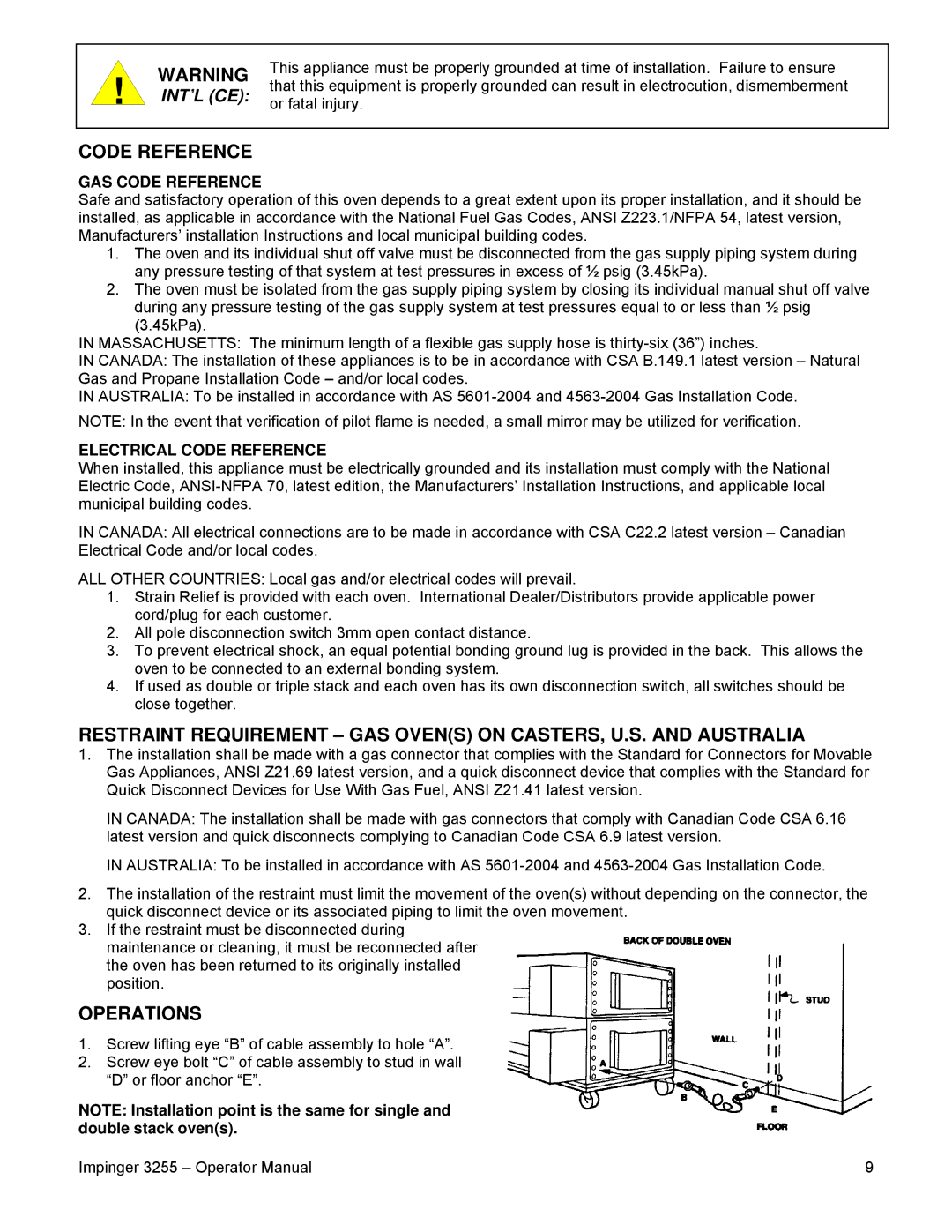 Lincoln 3255 specifications Operations, GAS Code Reference, Electrical Code Reference 