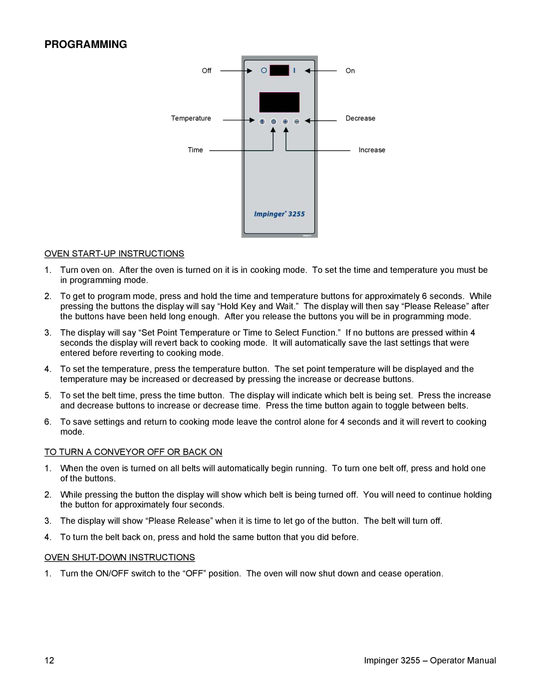 Lincoln 3255 Programming, Oven START-UP Instructions, To Turn a Conveyor OFF or Back on, Oven SHUT-DOWN Instructions 