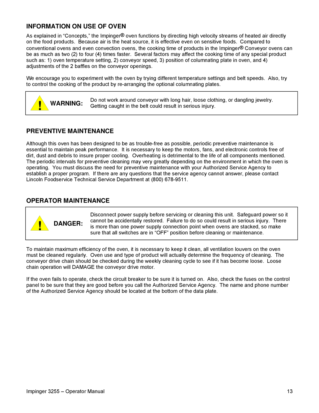 Lincoln 3255 specifications Information on USE of Oven, Preventive Maintenance, Operator Maintenance 