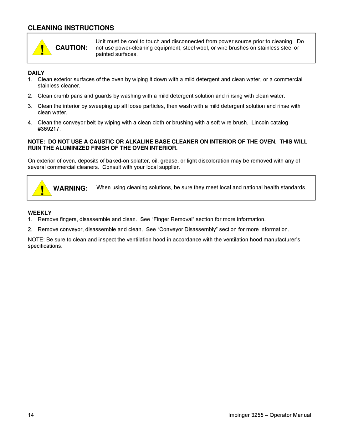 Lincoln 3255 specifications Cleaning Instructions, Daily, Weekly 