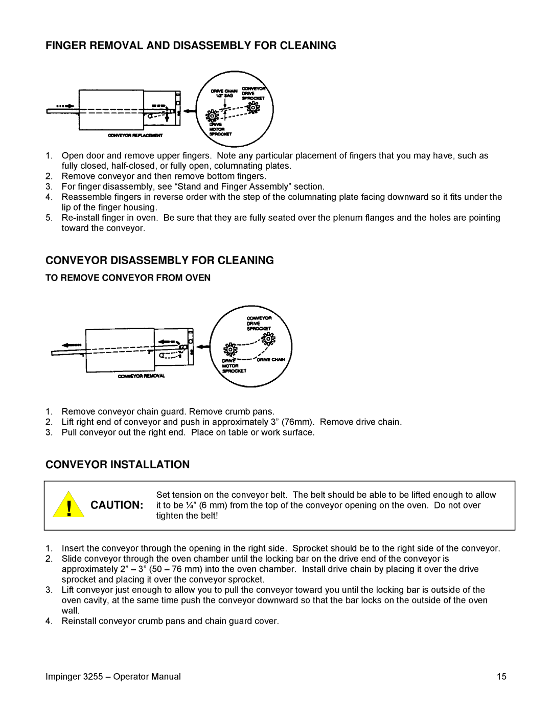 Lincoln 3255 Finger Removal and Disassembly for Cleaning, Conveyor Disassembly for Cleaning, Conveyor Installation 