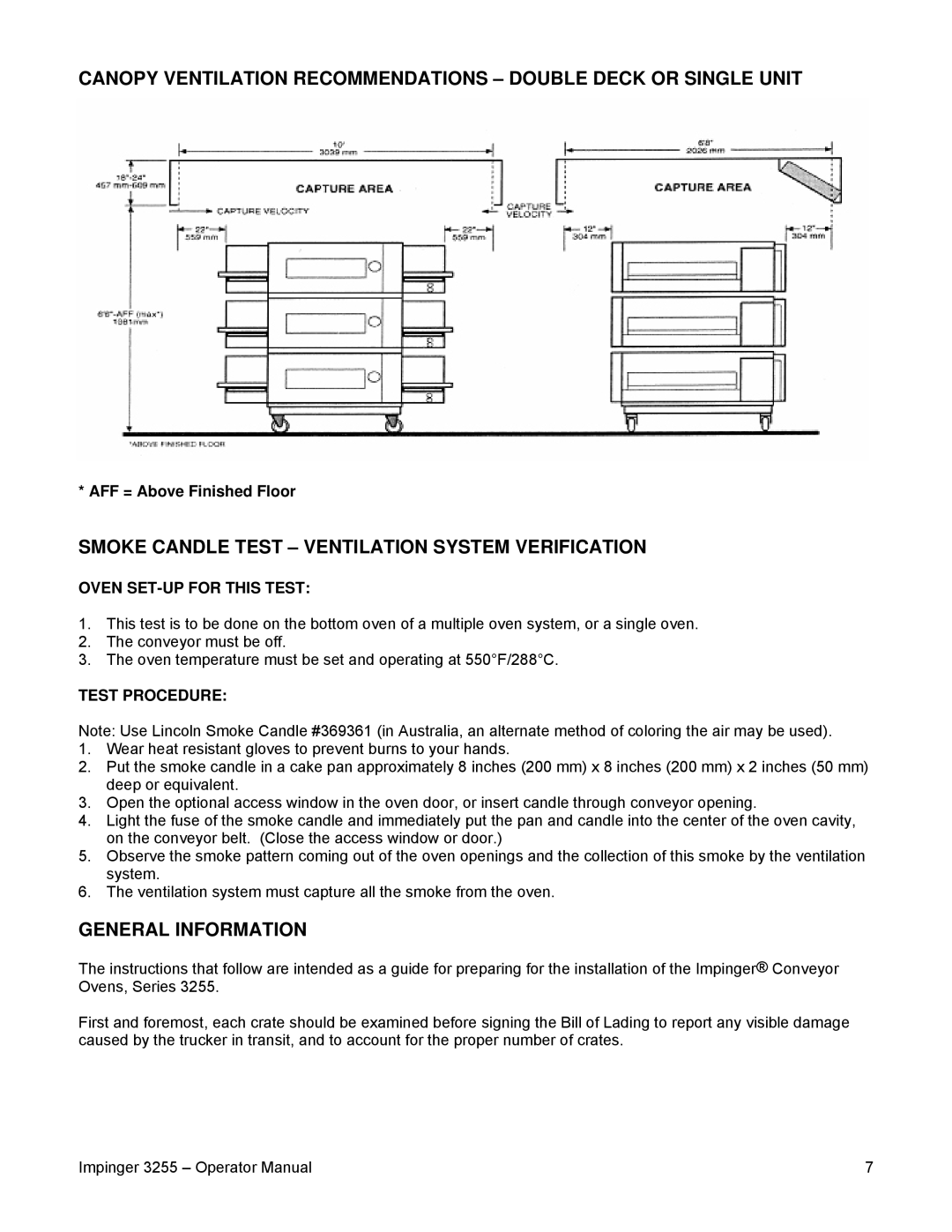 Lincoln 3255 Smoke Candle Test Ventilation System Verification, General Information, Oven SET-UP for this Test 