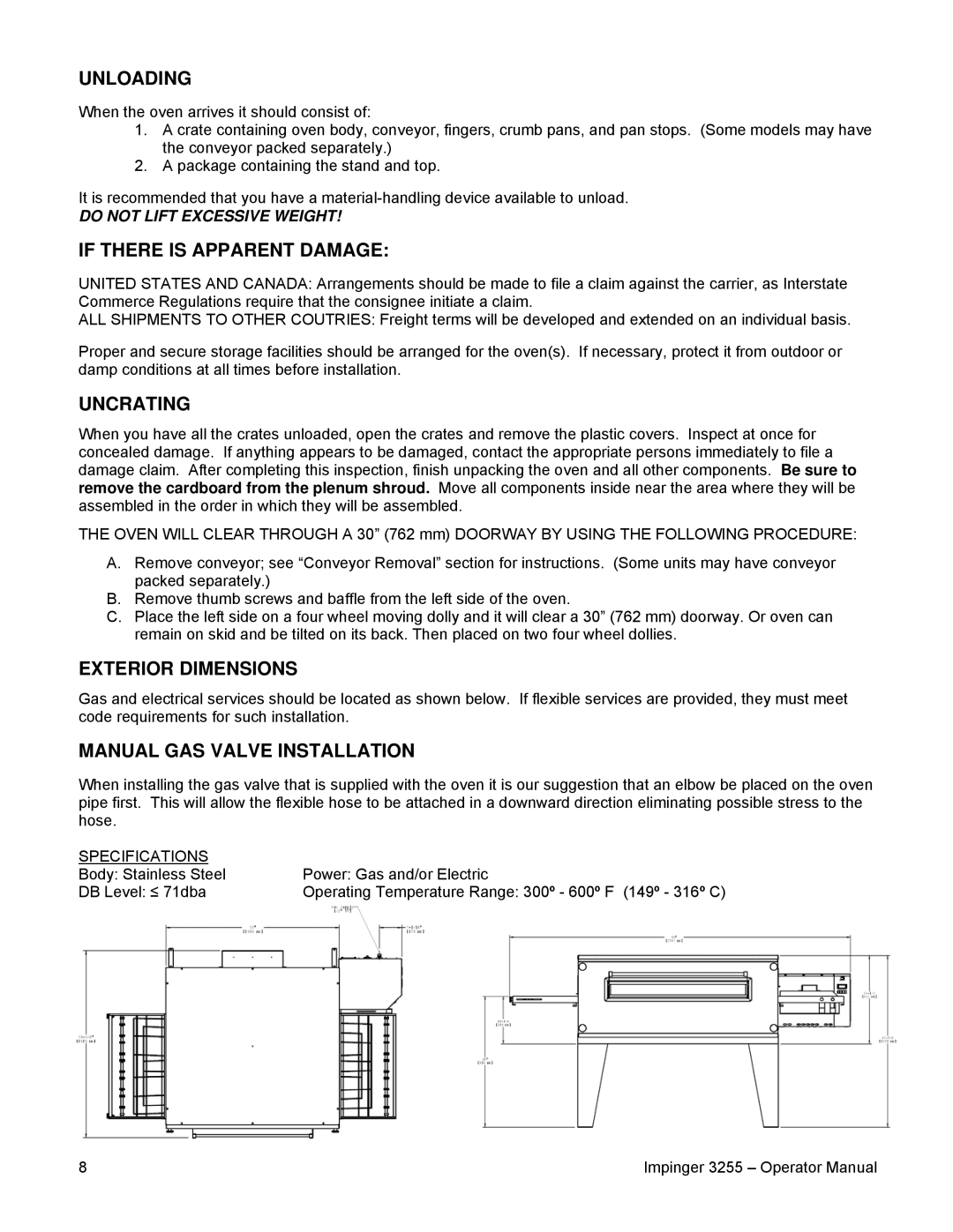 Lincoln 3255 Unloading, If There is Apparent Damage, Uncrating, Manual GAS Valve Installation, Specifications 