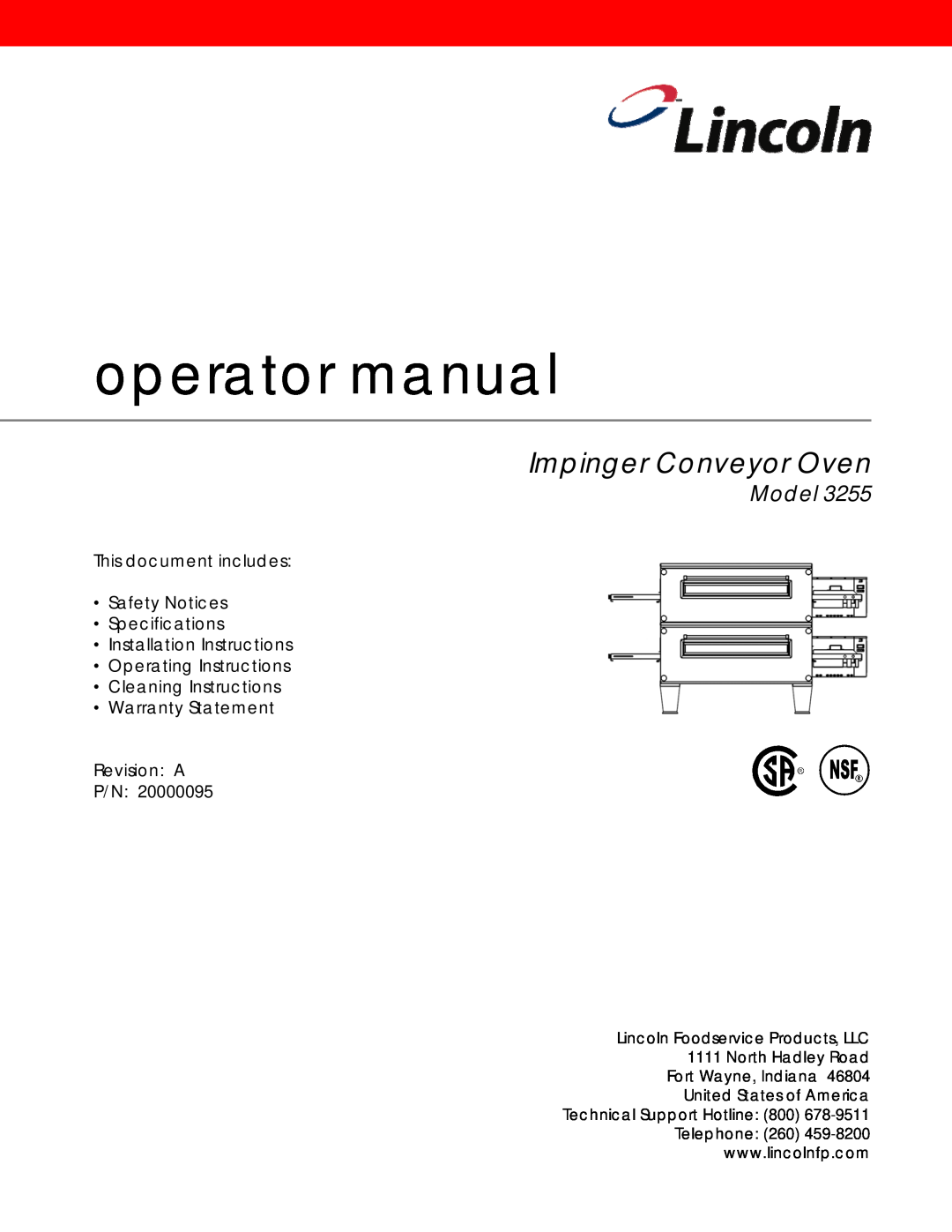 Lincoln 3255 specifications operator manual, Impinger Conveyor Oven, Model, This document includes Safety Notices 