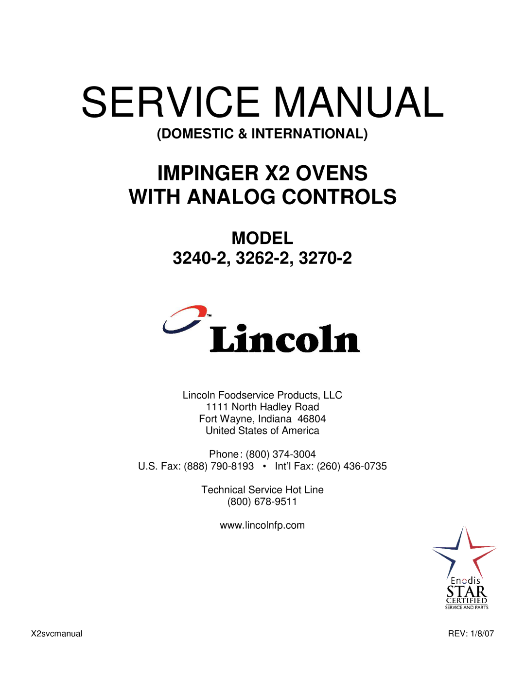 Lincoln 3270-2, 3262-2, 3240-2 service manual Impinger X2 Ovens With Analog Controls 