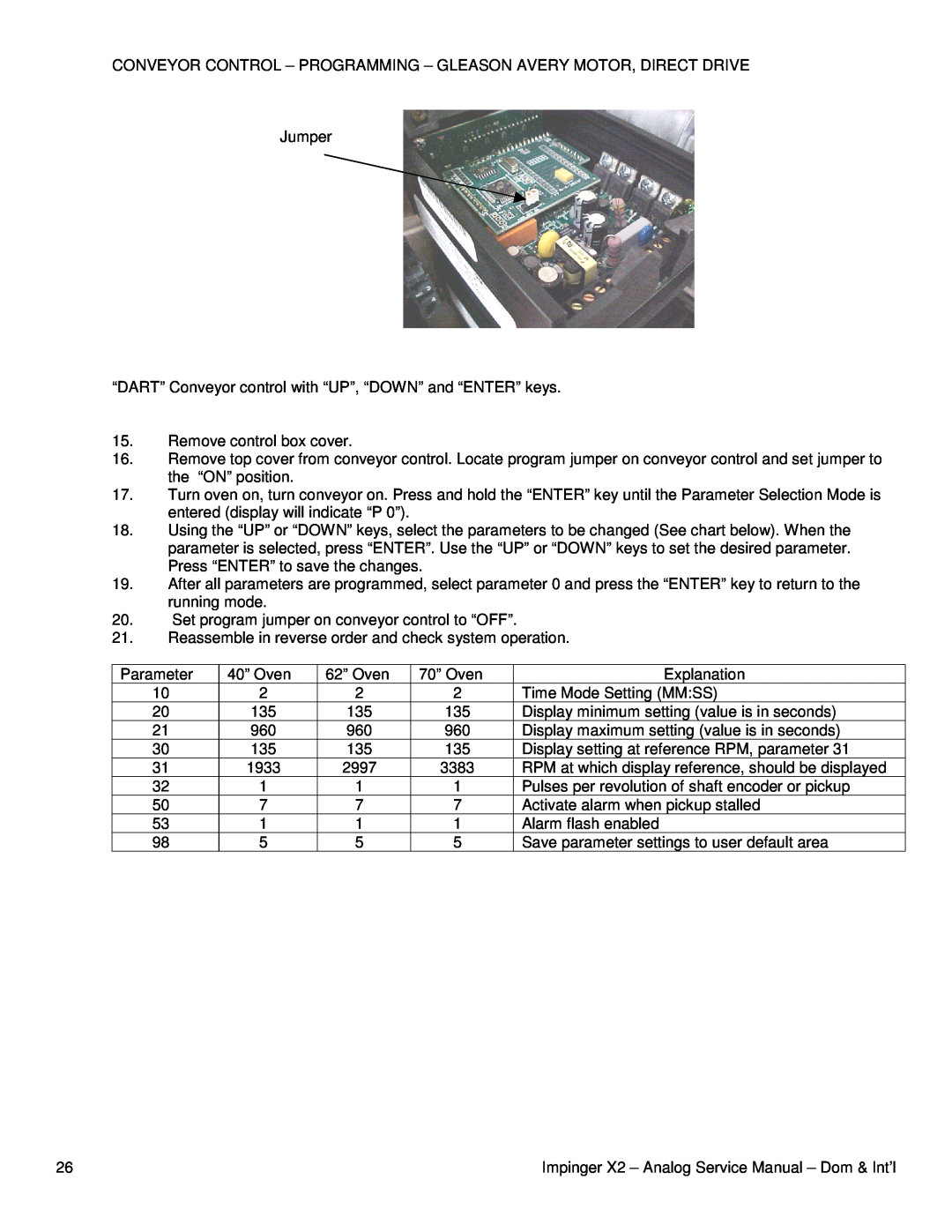 Lincoln 3240-2 Remove control box cover, 1933, 2997, 3383, Jumper, Parameter, 40” Oven, 62” Oven, 70” Oven, Explanation 