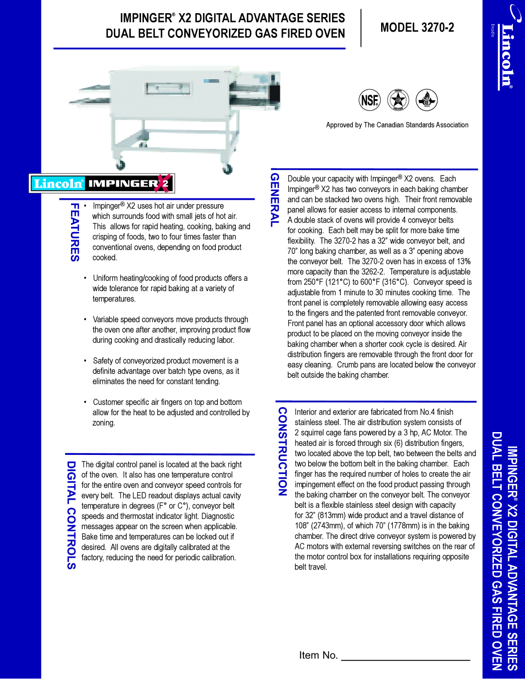 Lincoln 3270-2 manual Impinger X2 Digital Advantage Series, Dual Belt Conveyorized GAS Fired Oven 