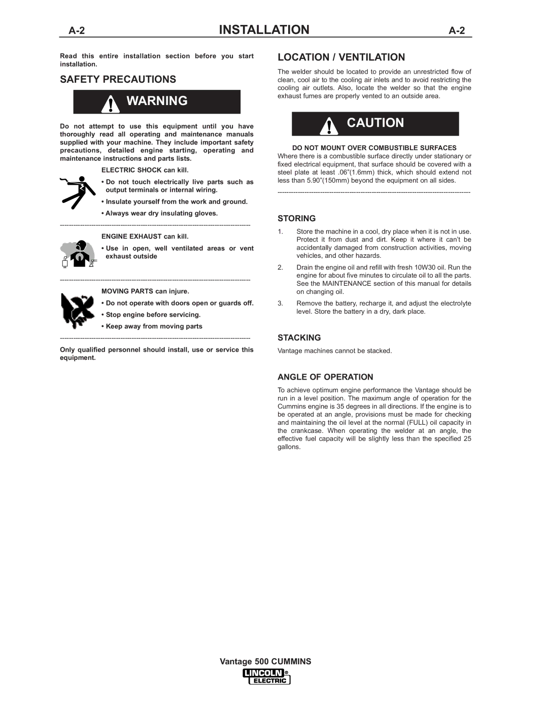 Lincoln 500 manual Safety Precautions, Location / Ventilation, Storing, Stacking, Angle of Operation 