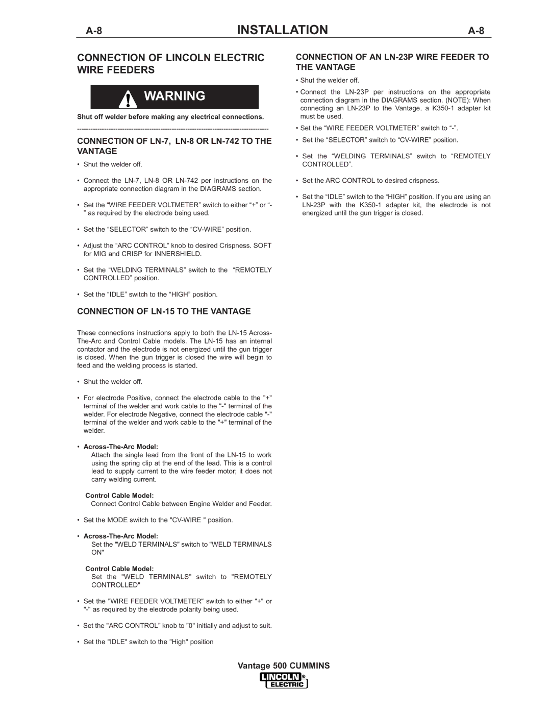 Lincoln 500 manual Connection of Lincoln Electric Wire Feeders, Connection of LN-7, LN-8 or LN-742 to the Vantage 