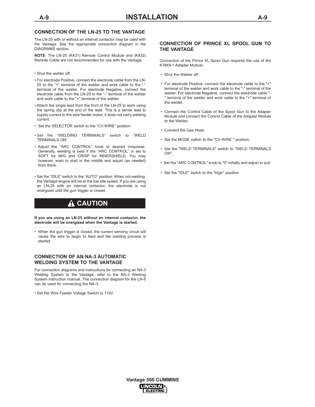 Lincoln 500 manual Connection of the LN-25 to the Vantage, Connection of Prince XL Spool GUN to the Vantage 