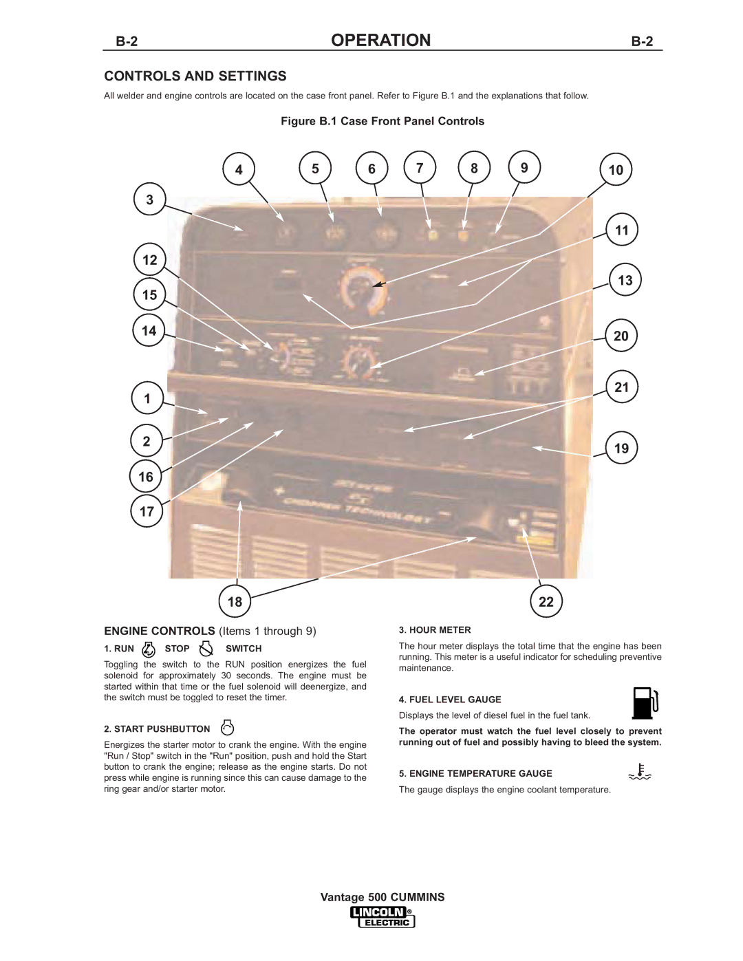 Lincoln 500 manual Controls and Settings 