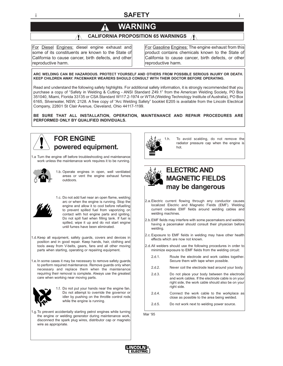 Lincoln 500 manual Safety, California Proposition 65 Warnings 