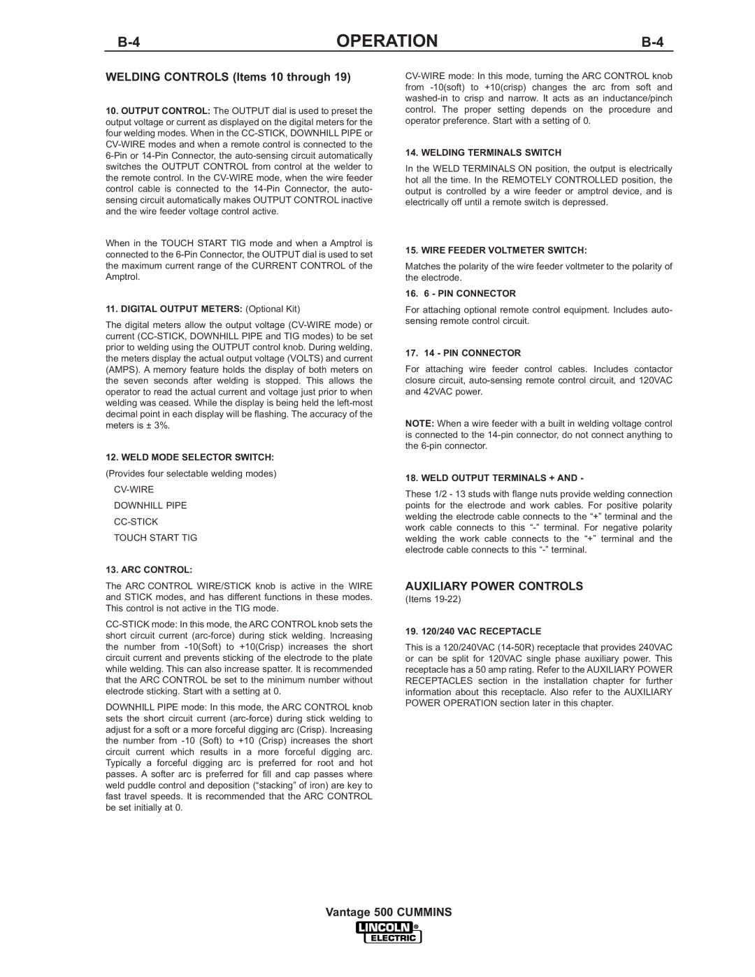 Lincoln 500 manual Auxiliary Power Controls 