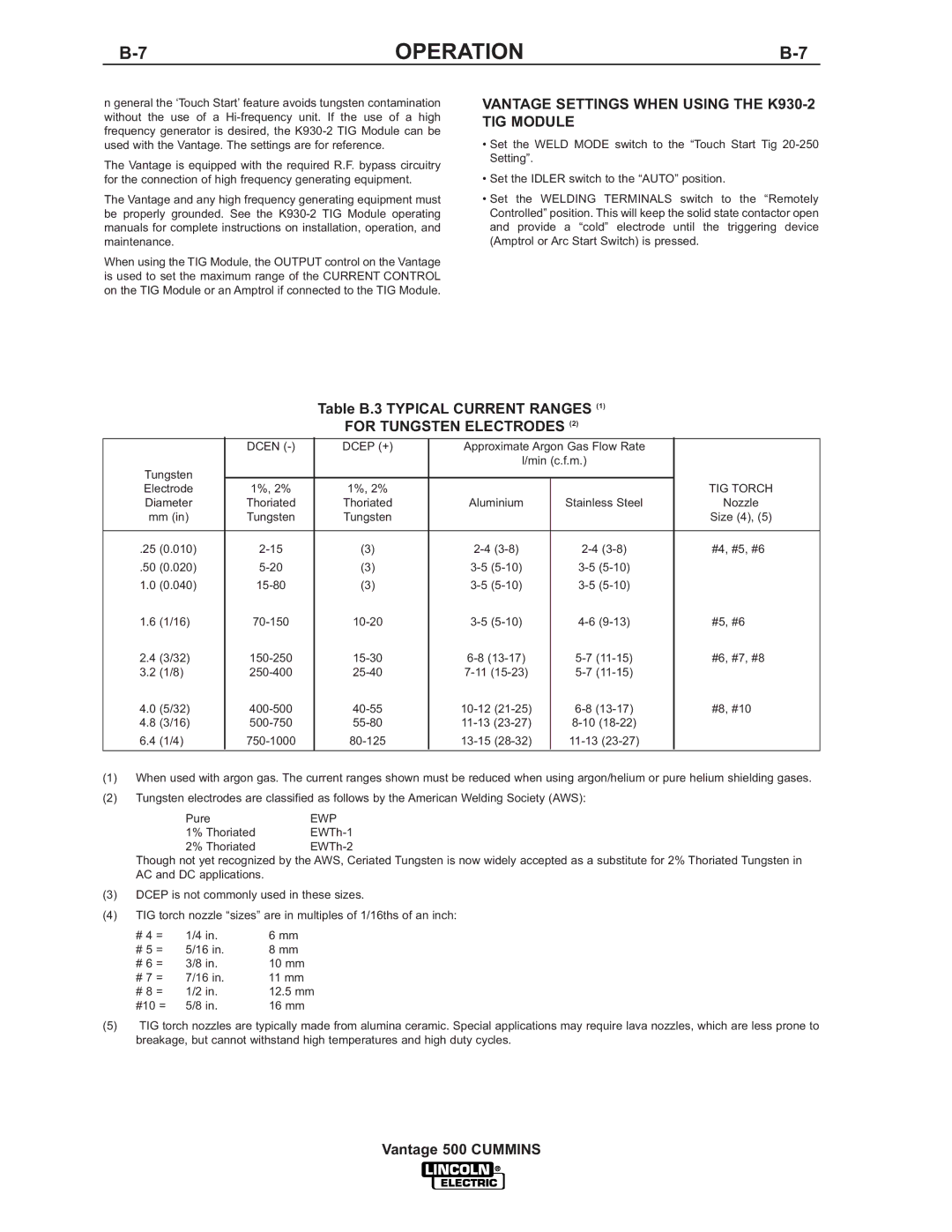 Lincoln 500 manual Vantage Settings When Using the K930-2 TIG Module, For Tungsten Electrodes 