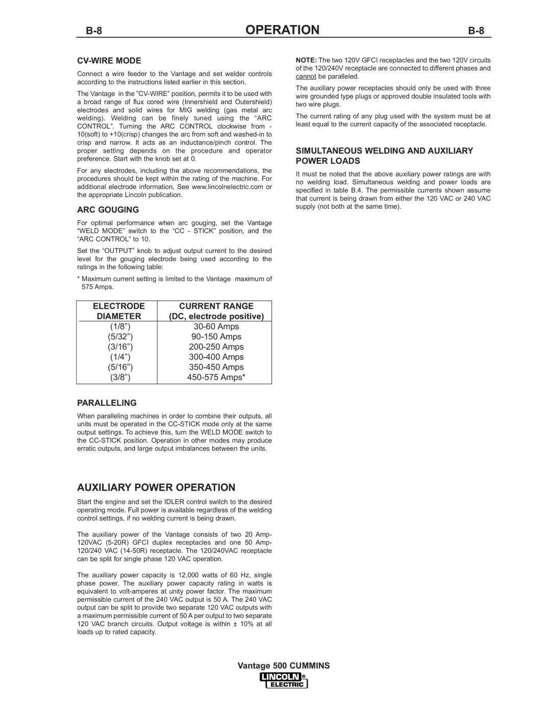 Lincoln 500 manual Auxiliary Power Operation 