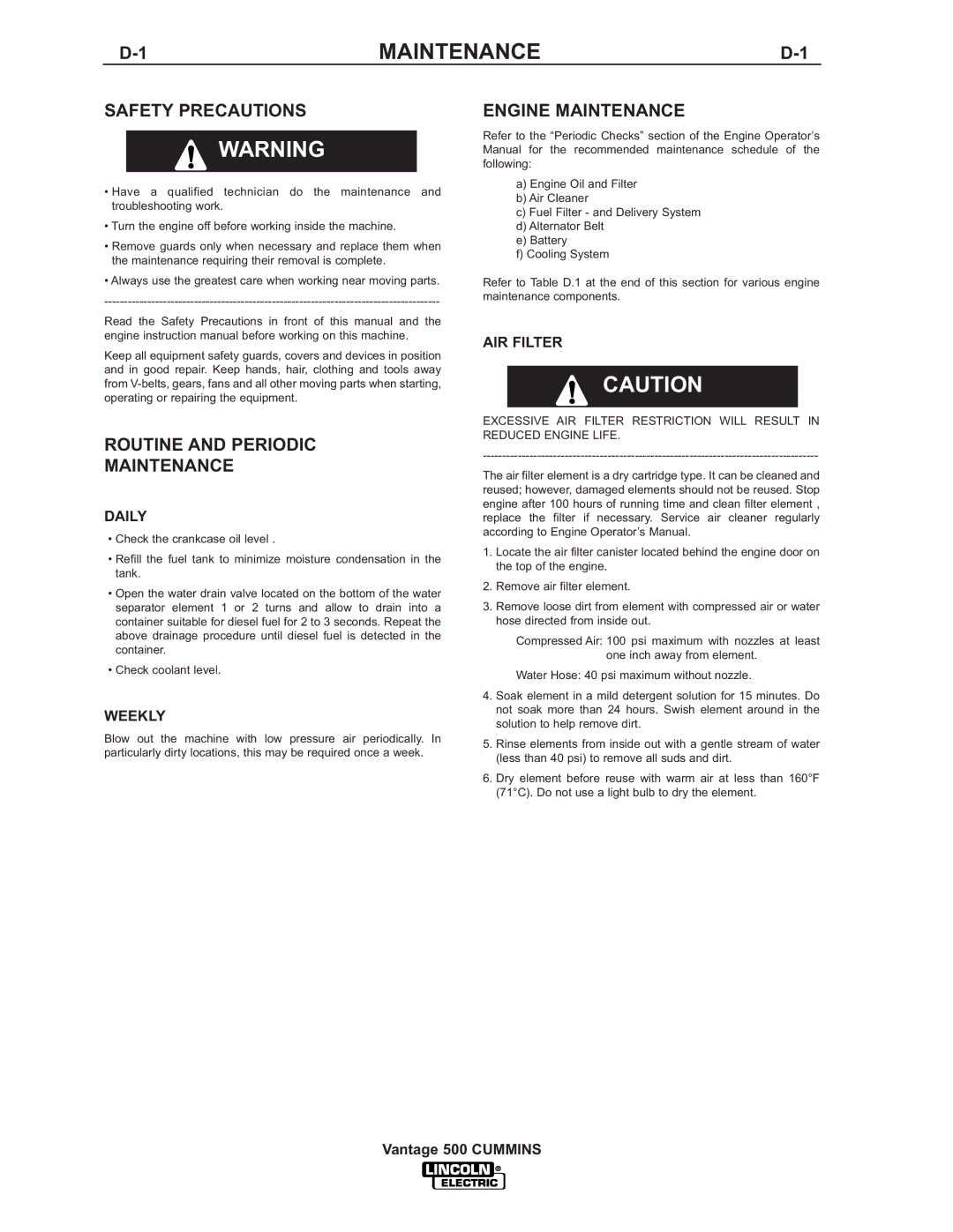 Lincoln 500 manual Routine and Periodic Maintenance, Engine Maintenance 