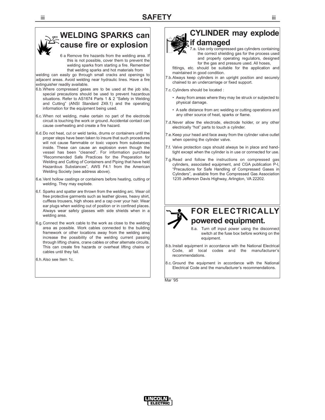 Lincoln 500 manual Welding Sparks can cause fire or explosion 