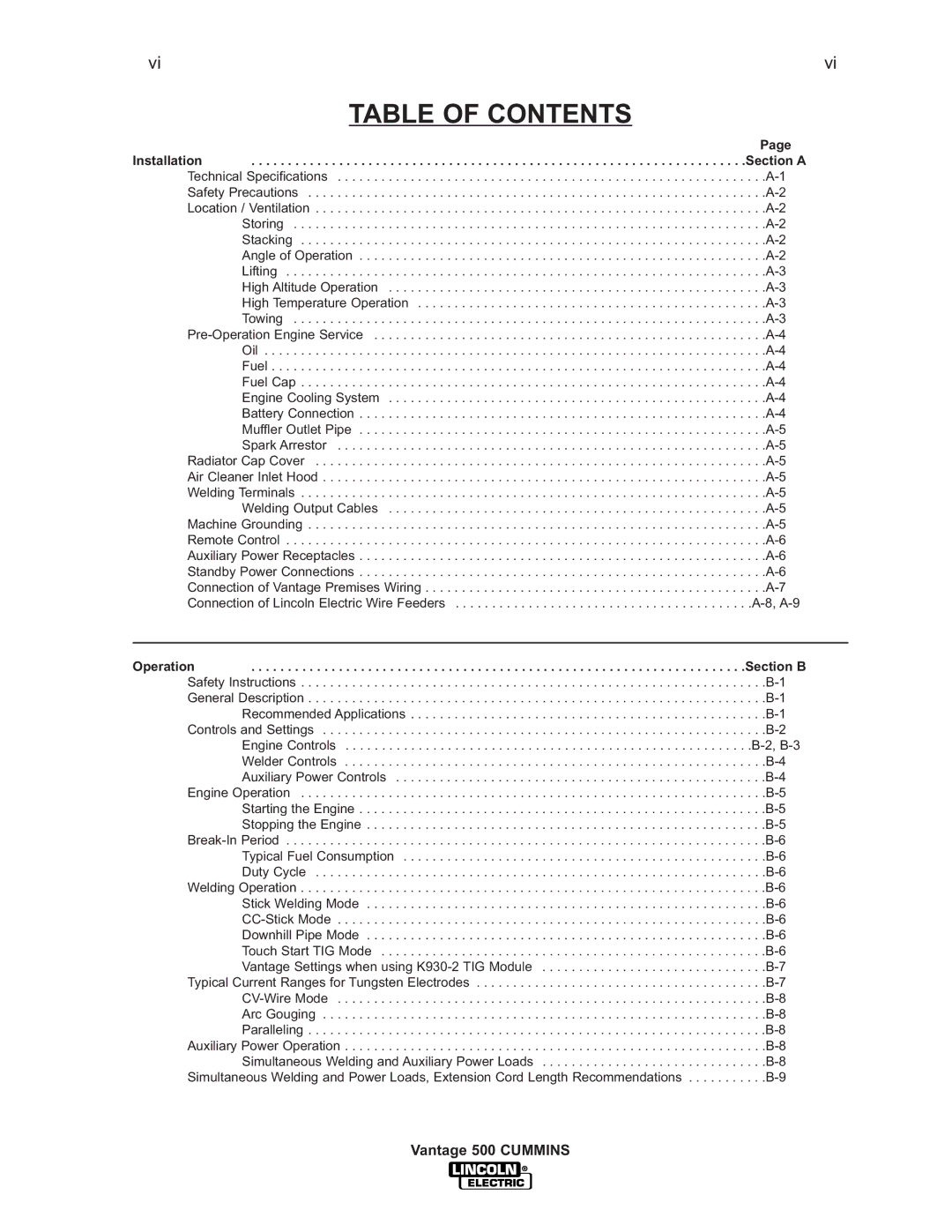 Lincoln 500 manual Table of Contents 